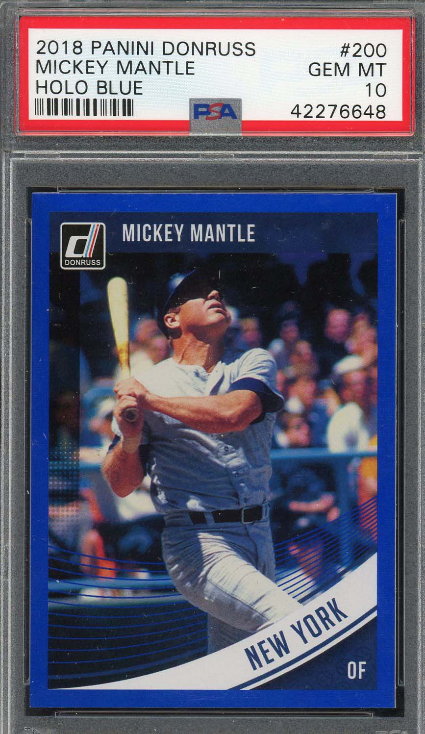 Mickey Mantle 2018 Panini Donruss Holo Blue Baseball Card #200 Graded PSA 10 Mickey Mantle 2018 Panini Donruss Holo Blue Baseball Card #200 Graded PSA 10