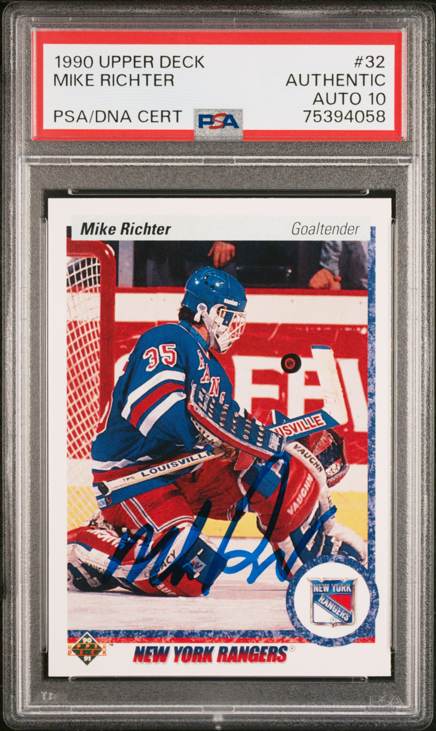 Mike Richter 1990 Upper Deck Signed Hockey Rookie Card #32 Auto Graded PSA 10