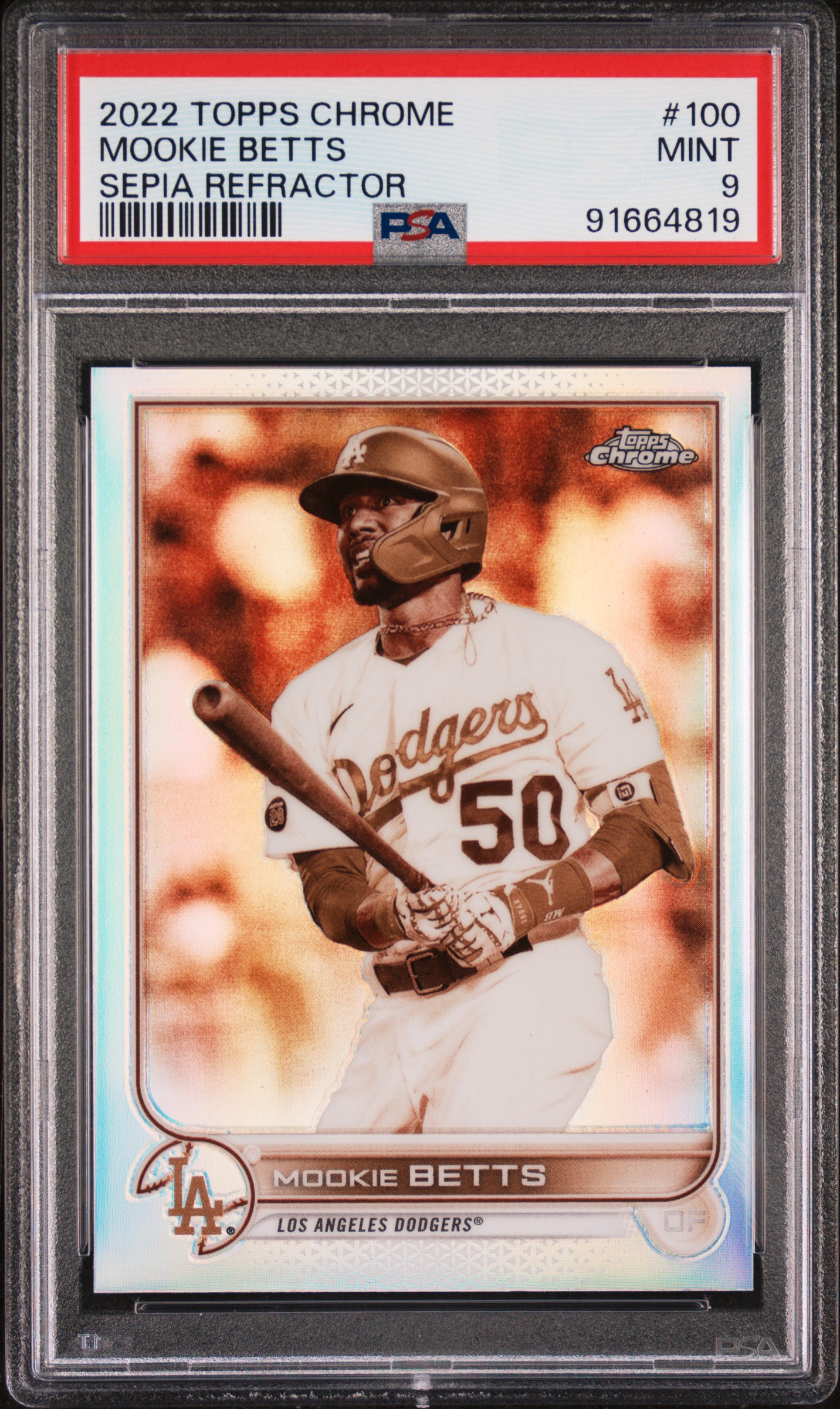 Mookie Betts 2022 Topps Chrome Sepia Refractor Baseball Card #100 Graded PSA 9