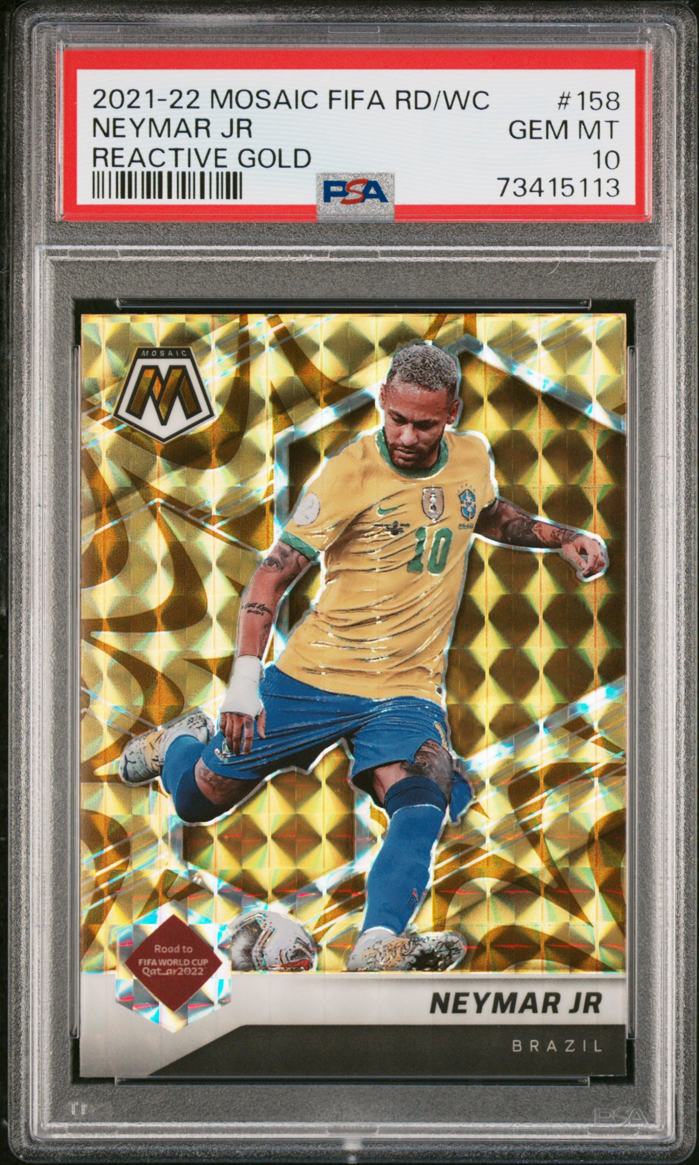 Neymar Jr 2021-22 Panini Mosaic World Cup Reactive Gold Card #158 Graded PSA 10