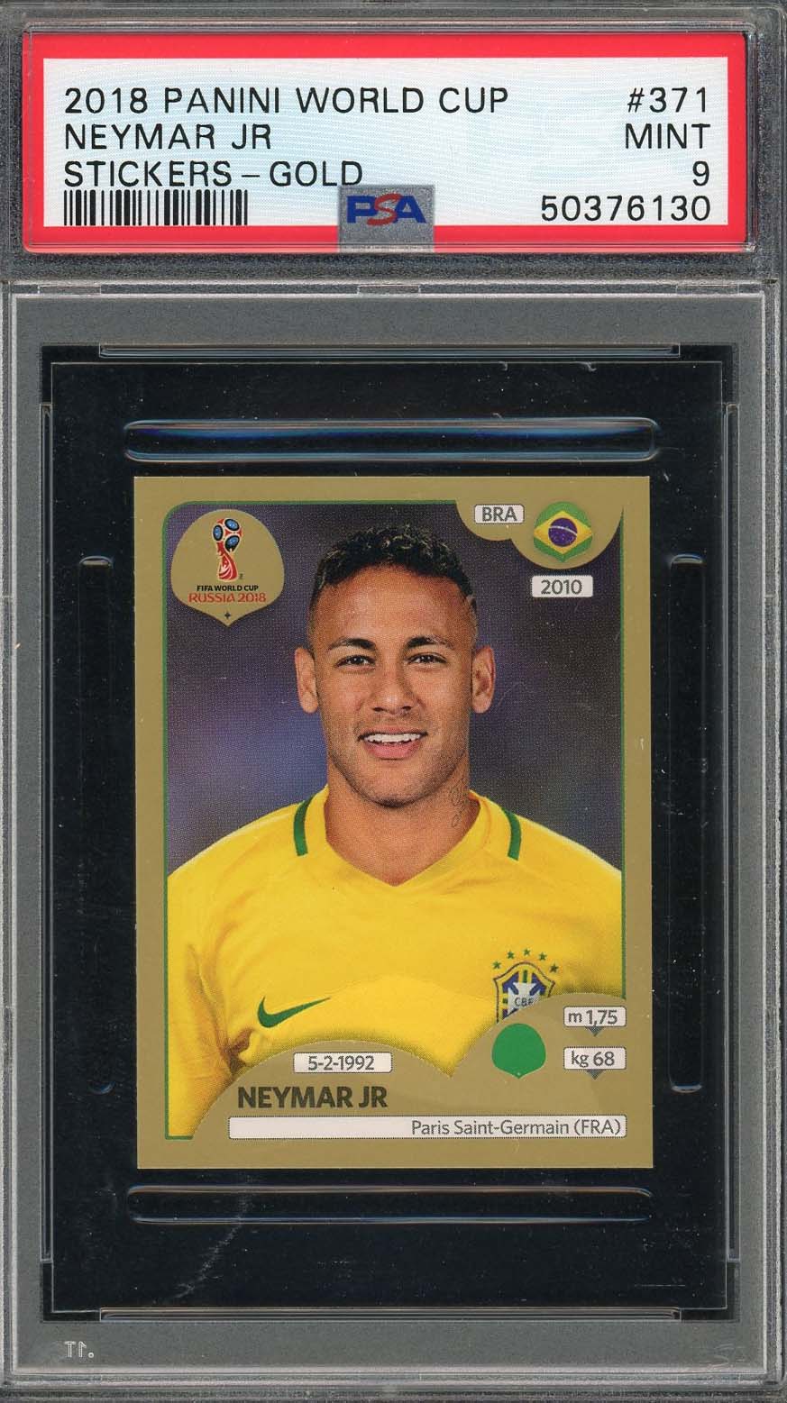 Neymar Jr 2018 Panini World Cup Gold Stickers Card #371 PSA 9
