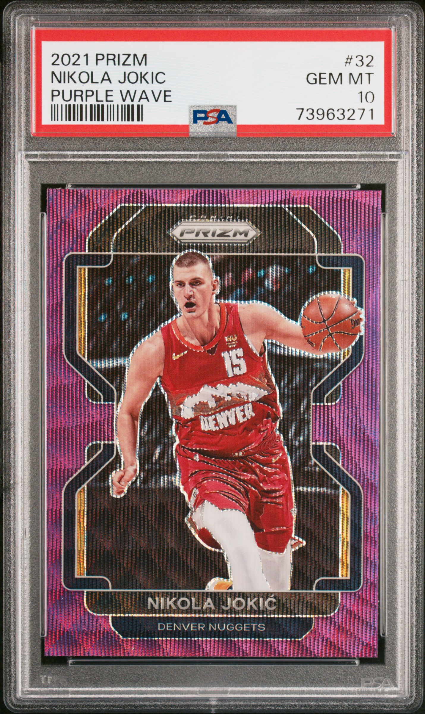 Nikola Jokic 2021 Panini Prizm Purple Wave Basketball Card #32 Graded PSA 10