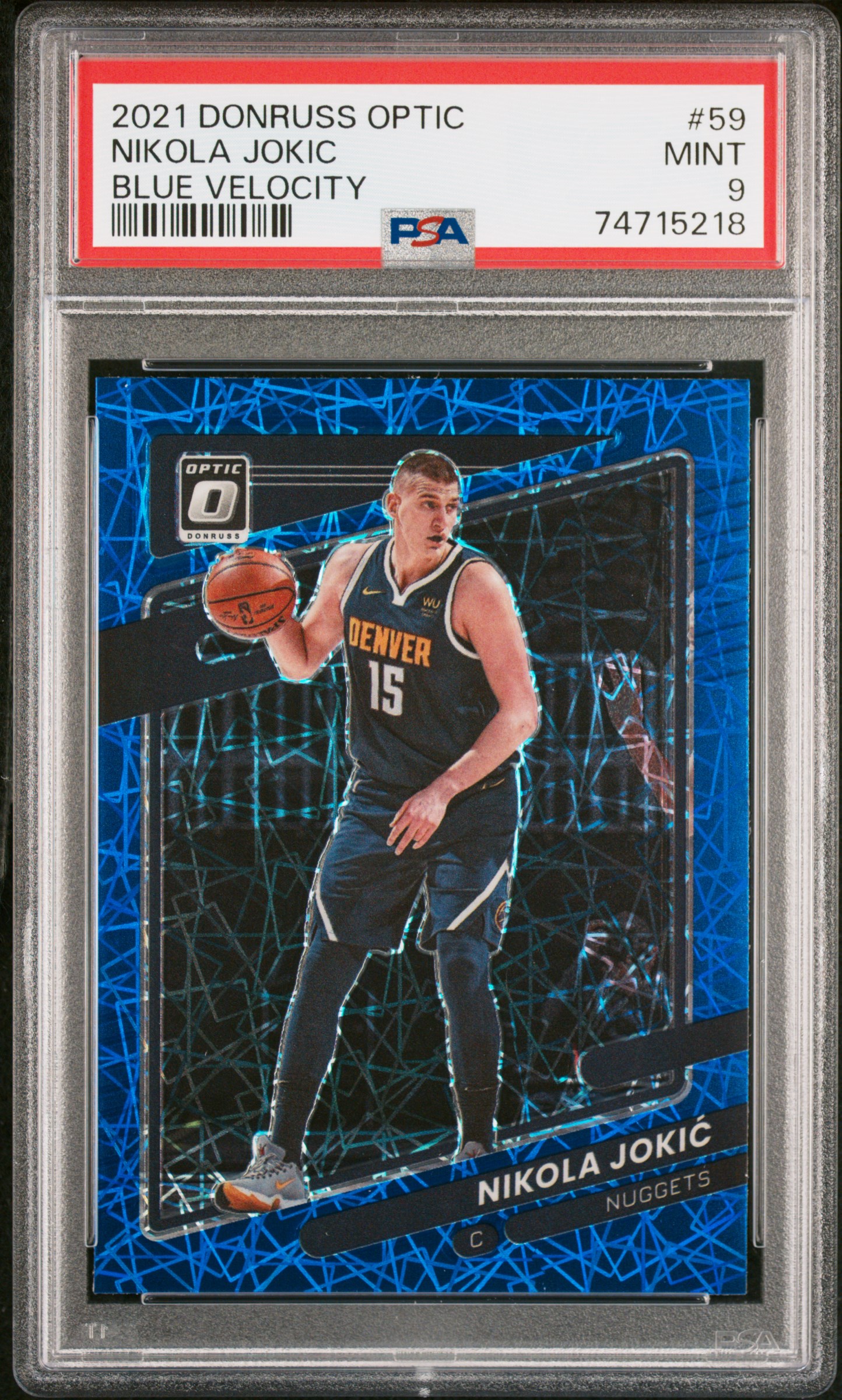 Nikola Jokic 2021 Panini Donruss Optic Blue Velocity Card #59 Graded PSA 9
