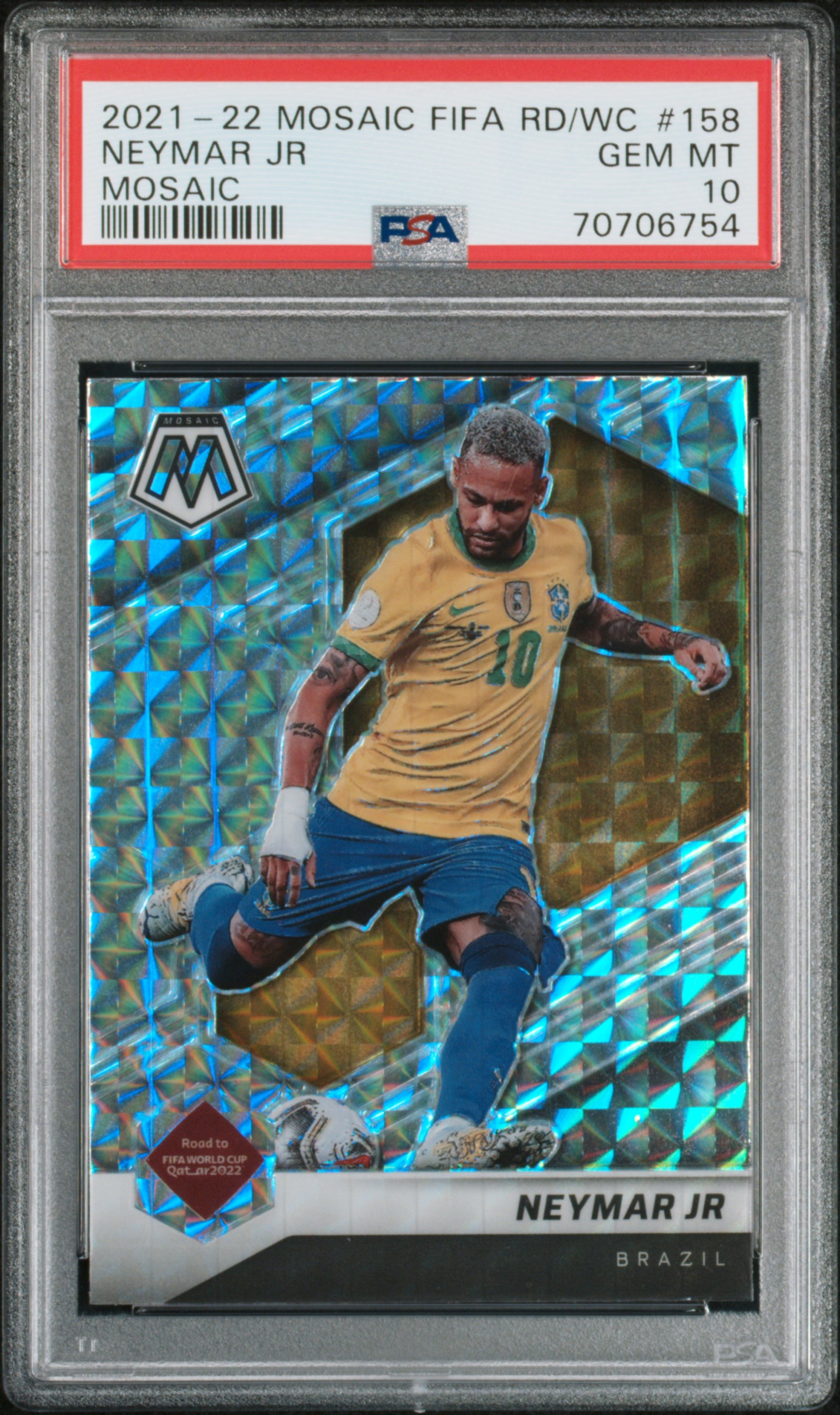Neymar Jr 2021 Panini Mosaic Silver Prizm Qatar 2022 World Cup Card #158 PSA 10