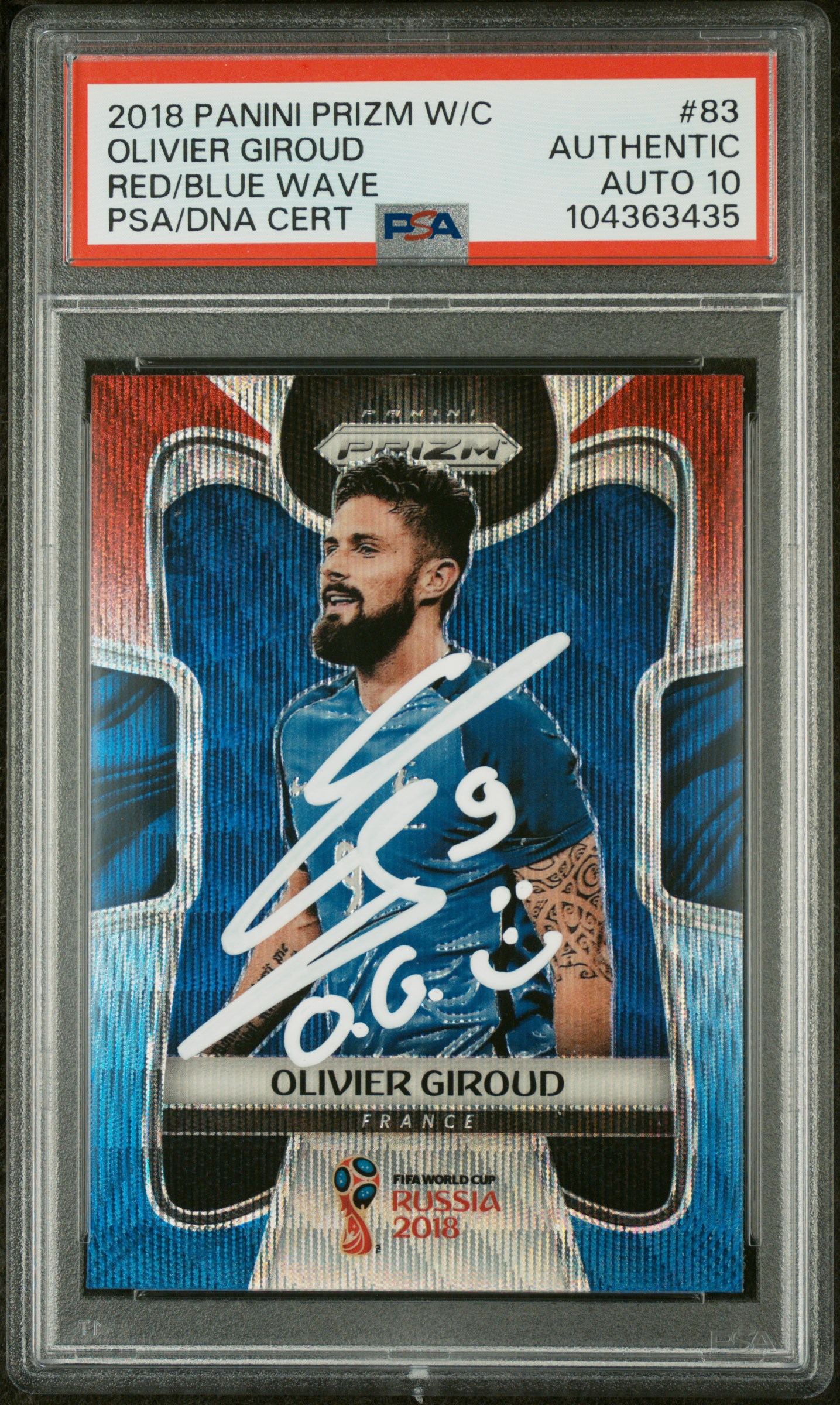 Olivier Giroud 2018 Panini Prizm World Cup Red Blue Wave Card #83 Auto PSA 10 A