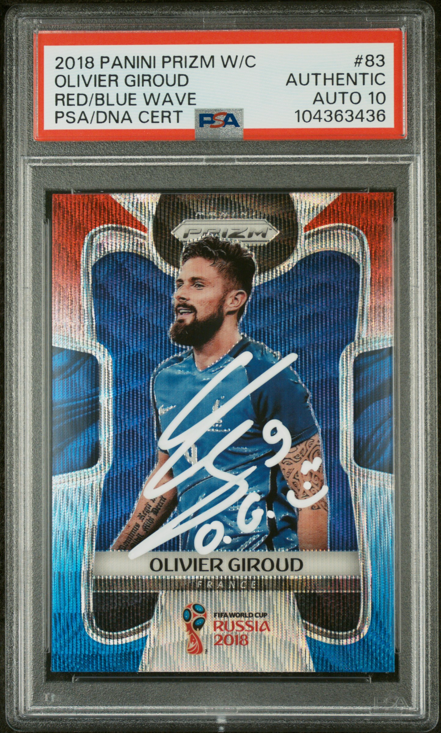 Olivier Giroud 2018 Panini Prizm World Cup Red Blue Wave Card #83 Auto PSA 10 B