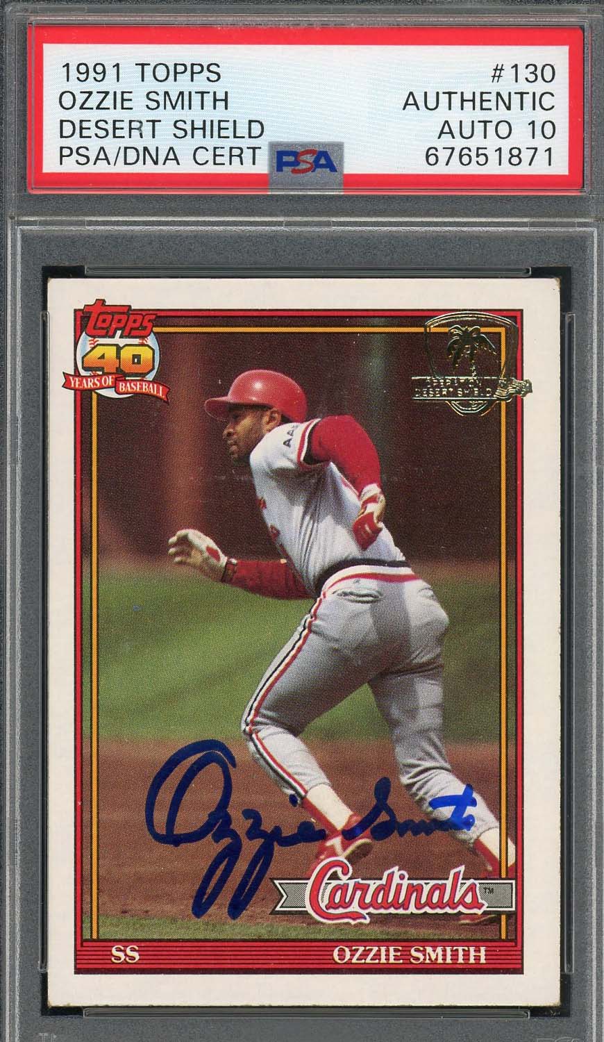 Ozzie Smith 1991 Topps Desert Shield Baseball Signed Card #130 Auto PSA 10