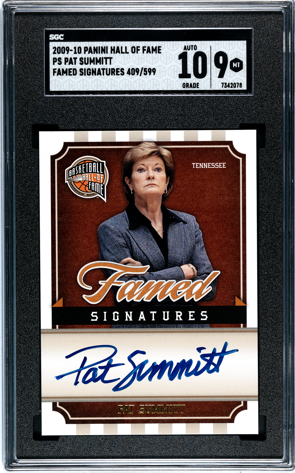 Pat Summitt Autographed 2009 Panini Hall of Fame Signed Card Graded SGC 9 /599
