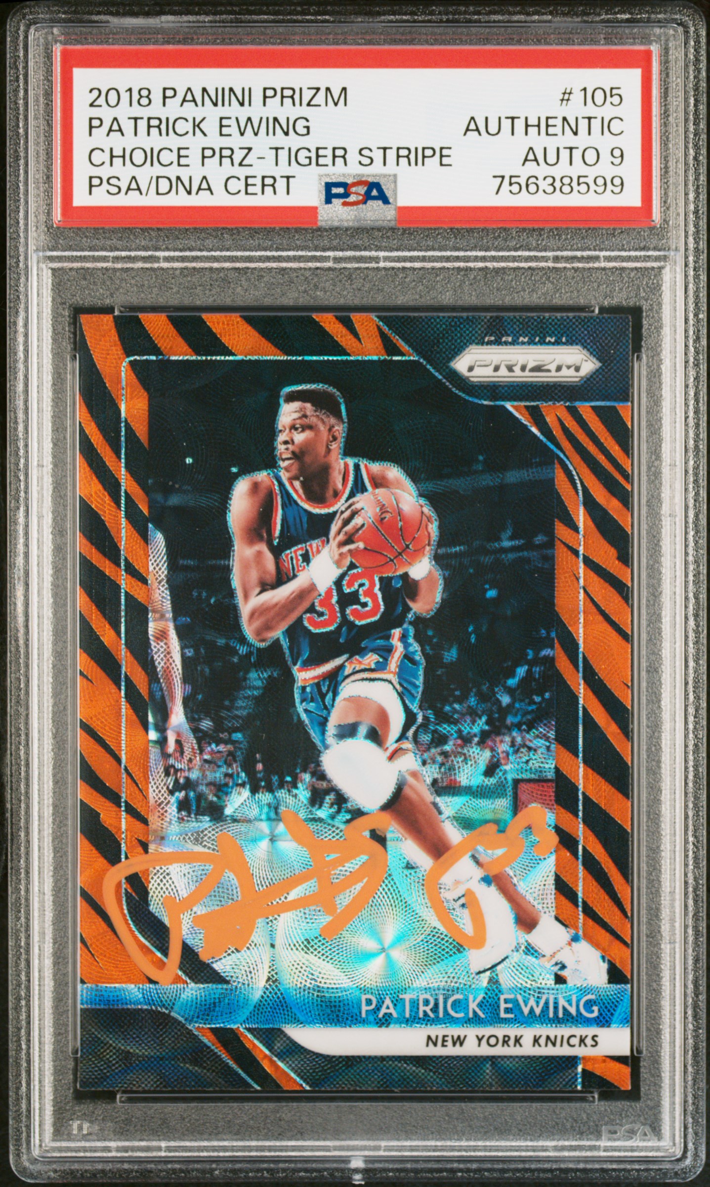 Patrick Ewing 2018 Panini Prizm Tiger Stripe Signed Card #105 Auto Graded PSA 9
