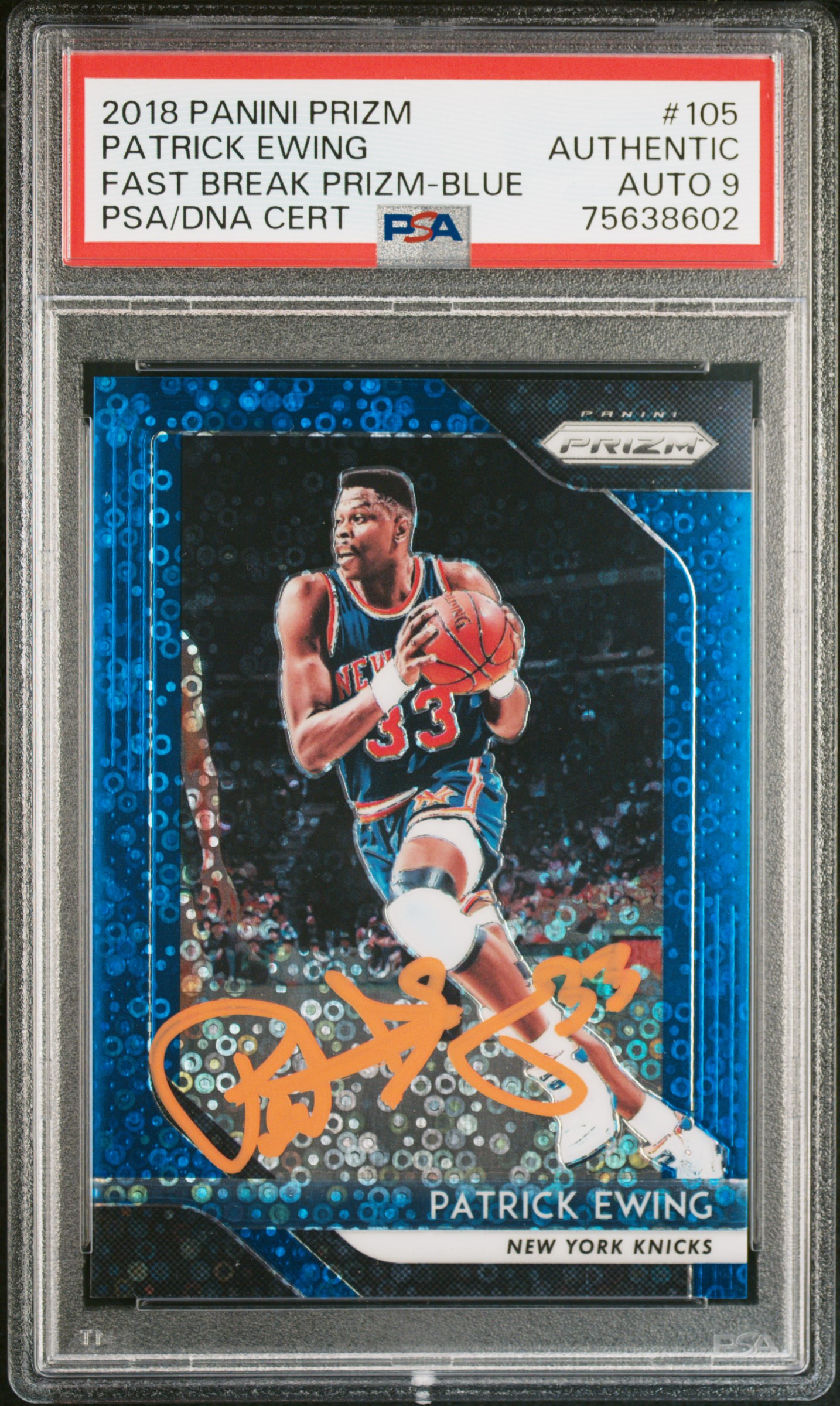 Patrick Ewing 2018 Panini Fast Break Blue Prizm Signed Card Auto PSA 9 125/175