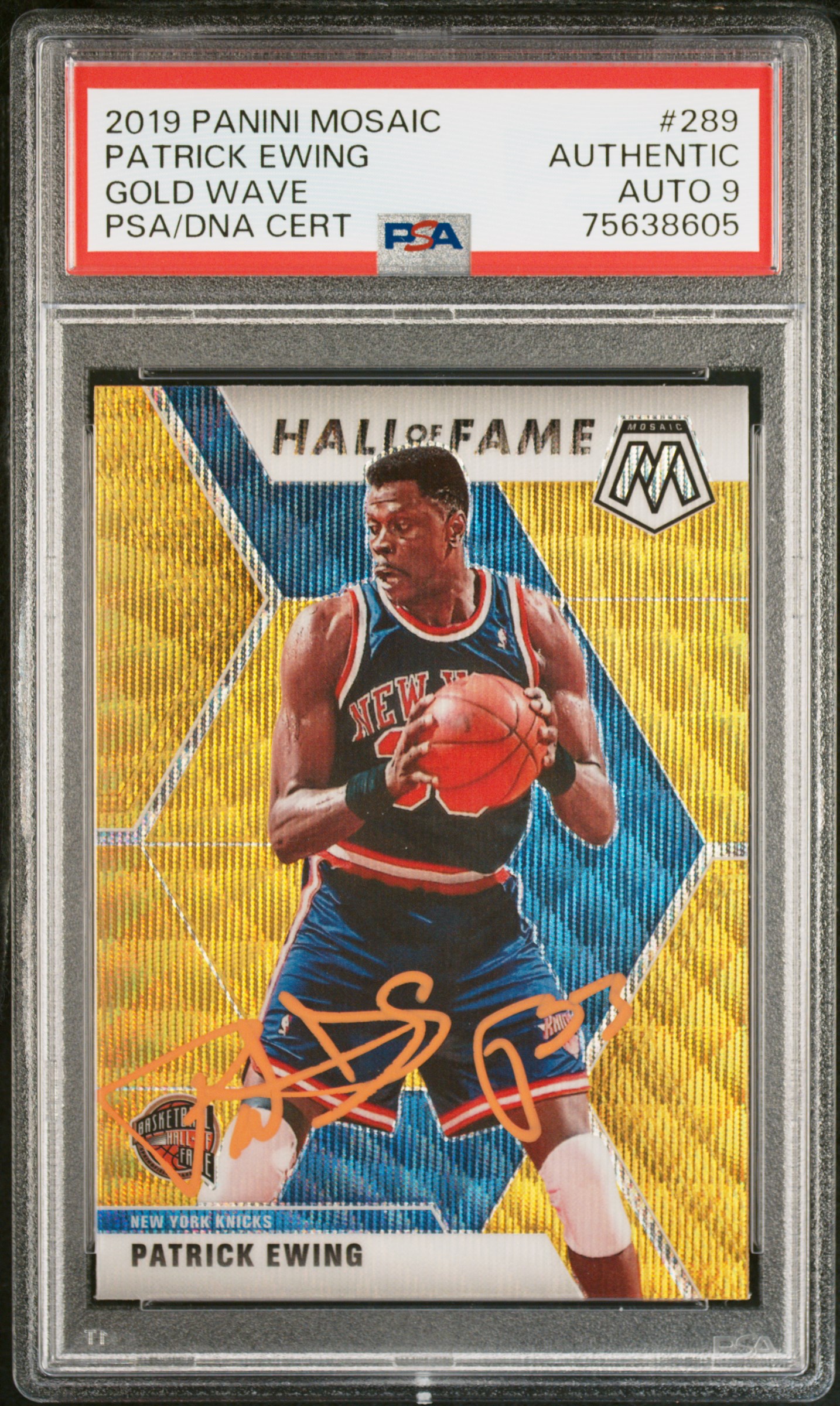 Patrick Ewing 2019 Panini Mosaic Gold Wave Signed Card #289 Auto Graded PSA 9