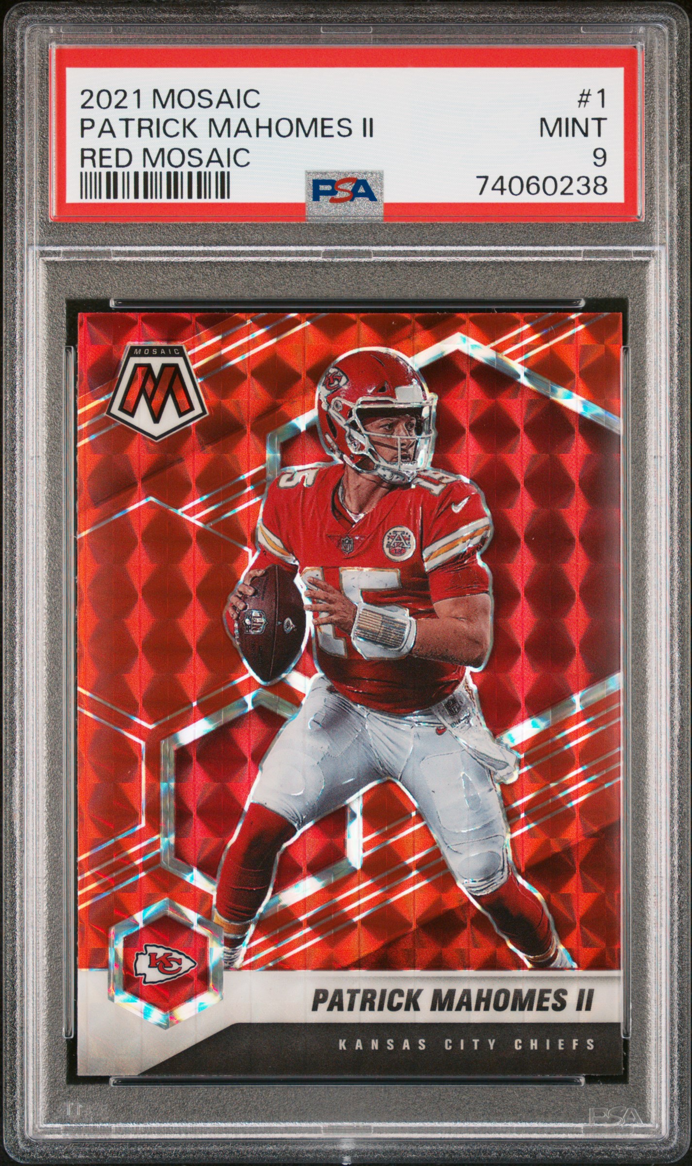 Patrick Mahomes 2021 Panini Mosaic Red Prizm Football Card #1 Graded PSA 9