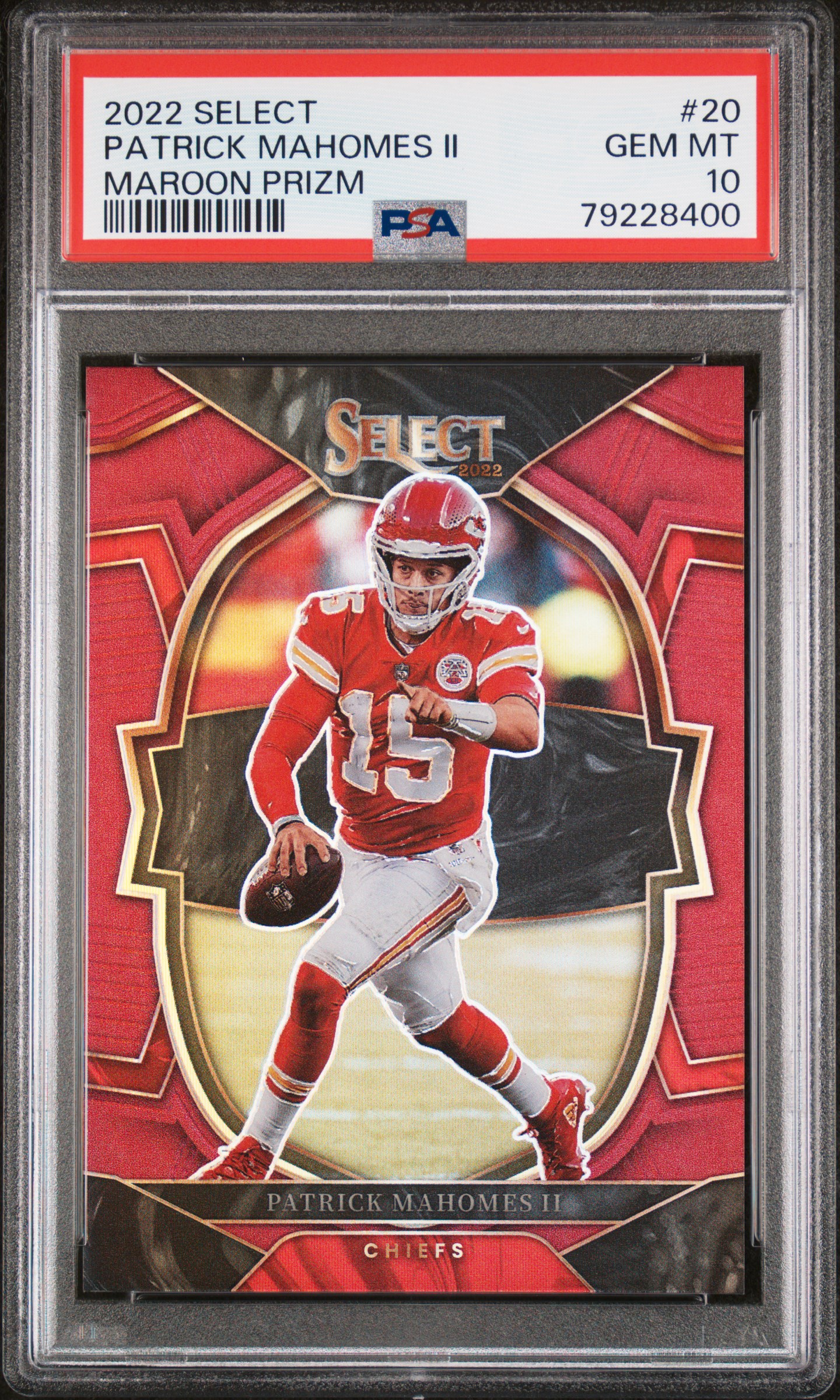 Patrick Mahomes 2022 Panini Select Maroon Prizm Card #20 Graded PSA 10 3/149