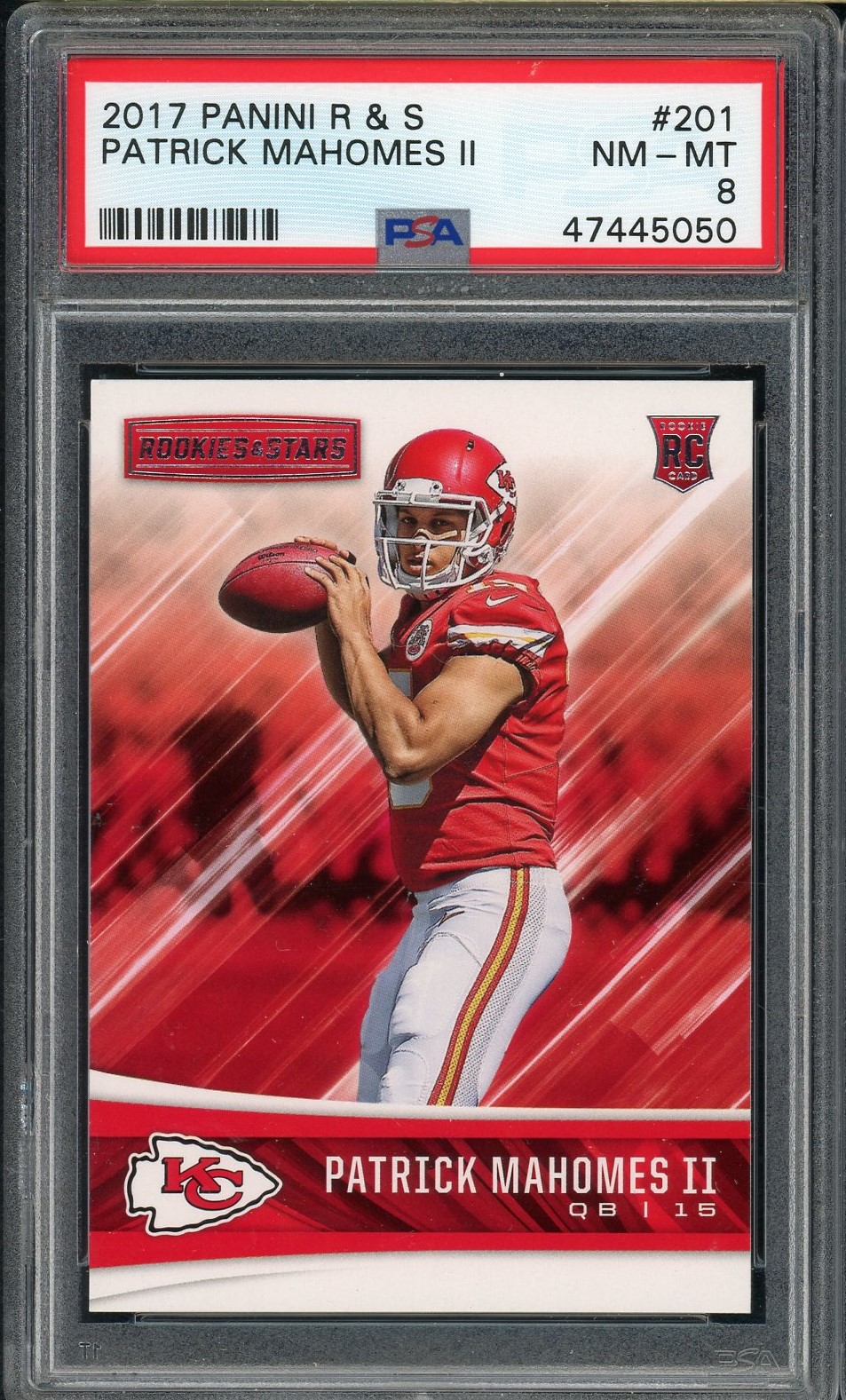 Patrick Mahomes 2017 Panini Rookie and Stars Football Card #201 Graded PSA 8