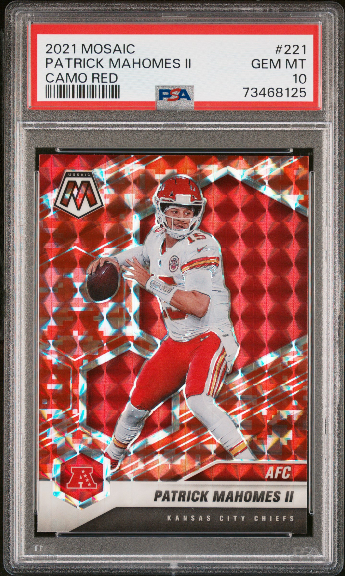 Patrick Mahomes 2021 Panini Mosaic Camo Red Prizm Card #221 Graded PSA 10