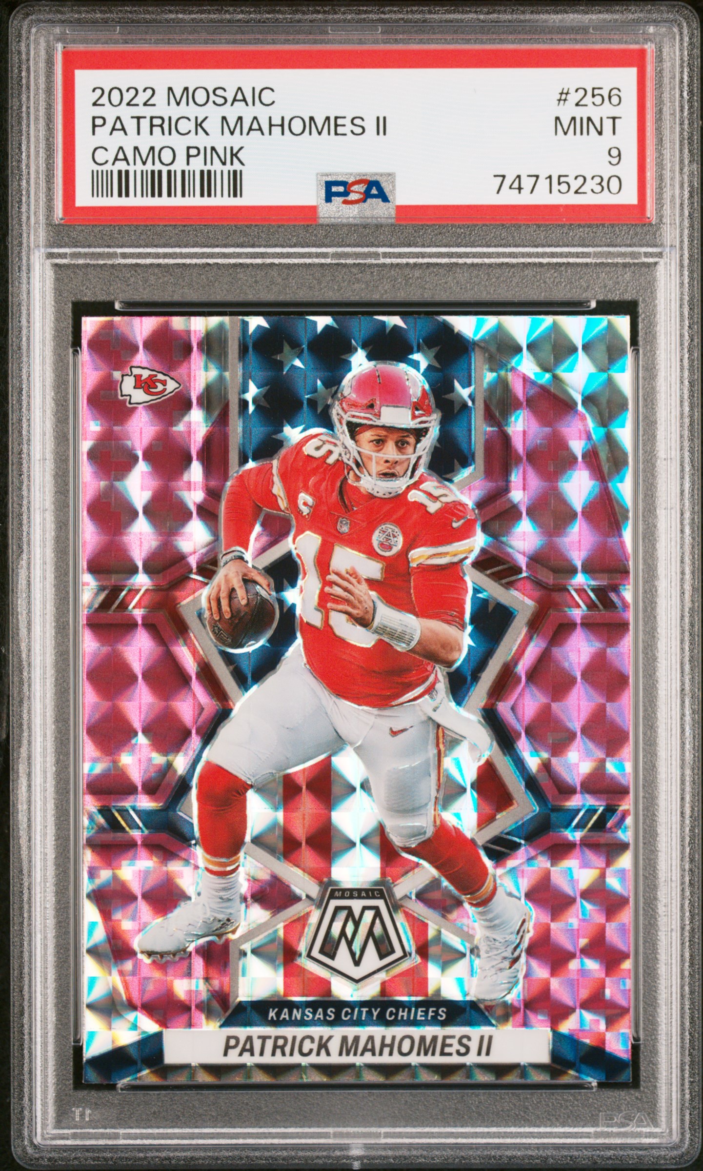 Patrick Mahomes 2022 Panini Mosaic Camo Pink Prizm Card #256 Graded PSA 9