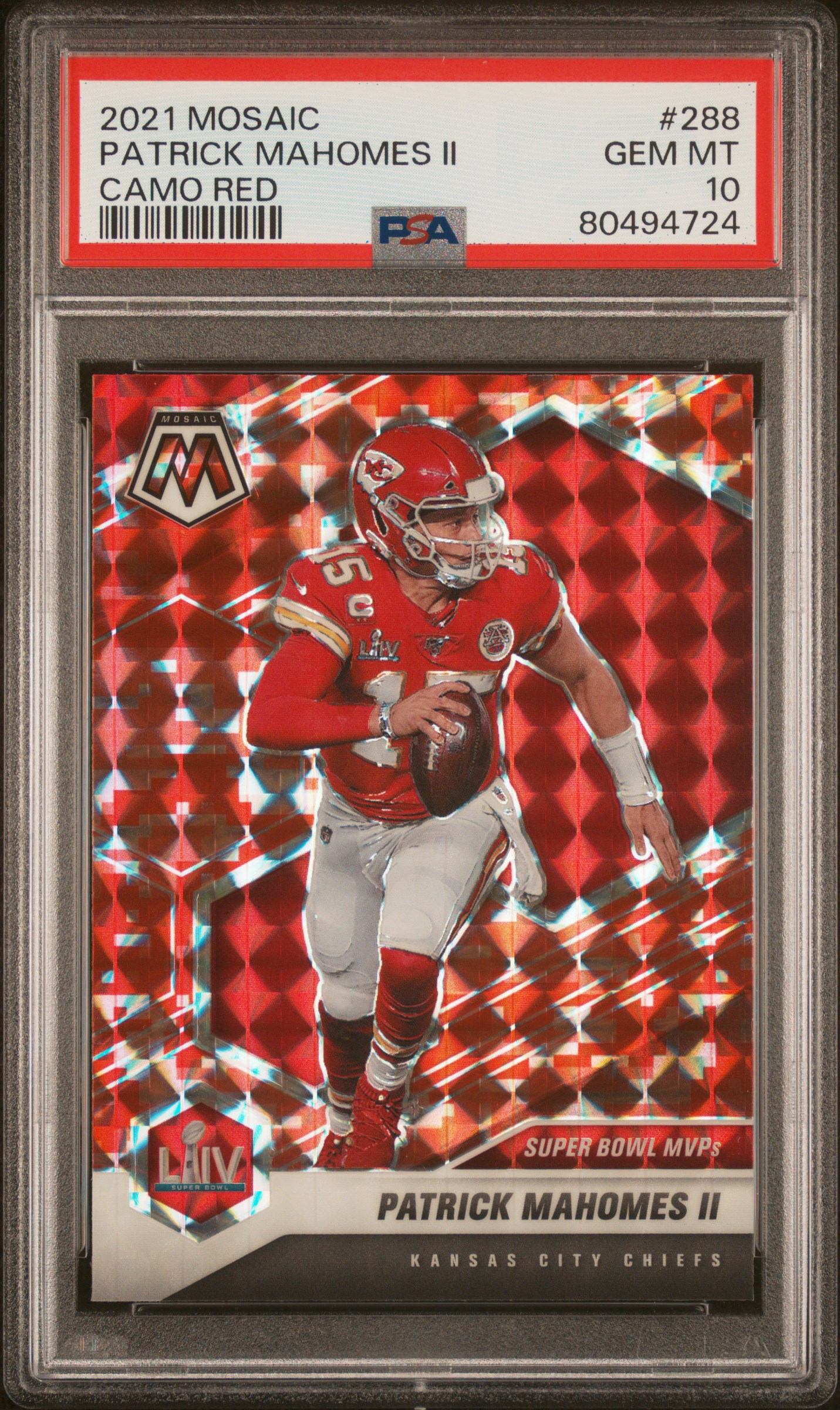 Patrick Mahomes 2021 Panini Mosaic Camo Red Football Card #288 Graded PSA 10