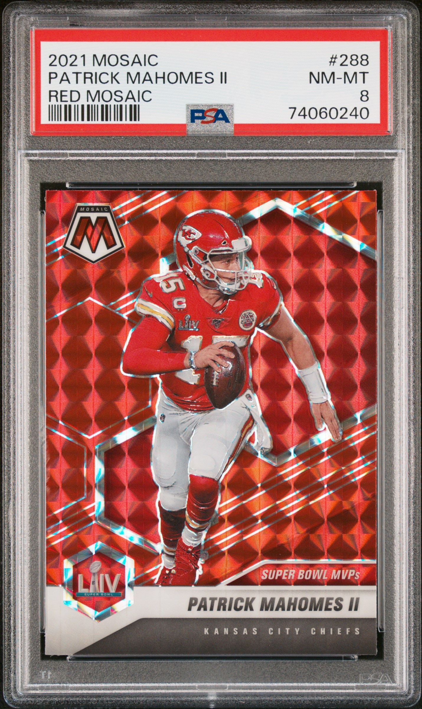 Patrick Mahomes 2021 Panini Mosaic Red Prizm Football Card #288 Graded PSA 8