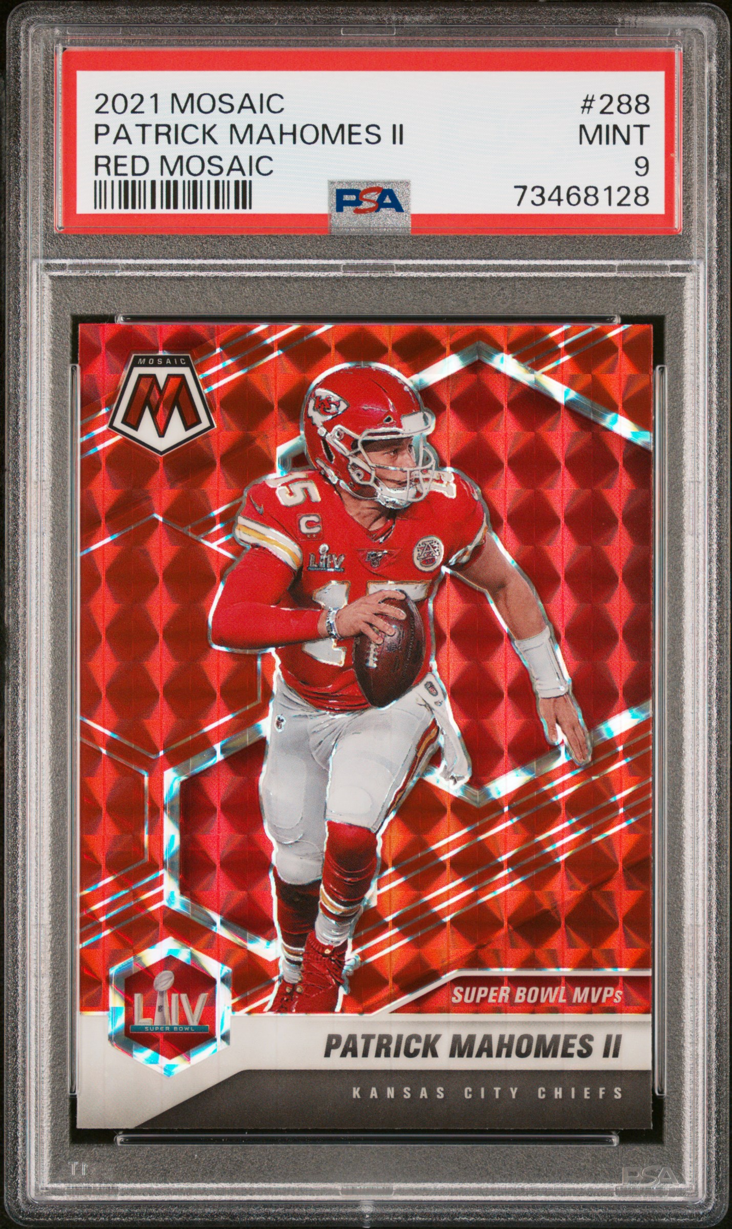 Patrick Mahomes 2021 Panini Mosaic Red Prizm Football Card #288 Graded PSA 9