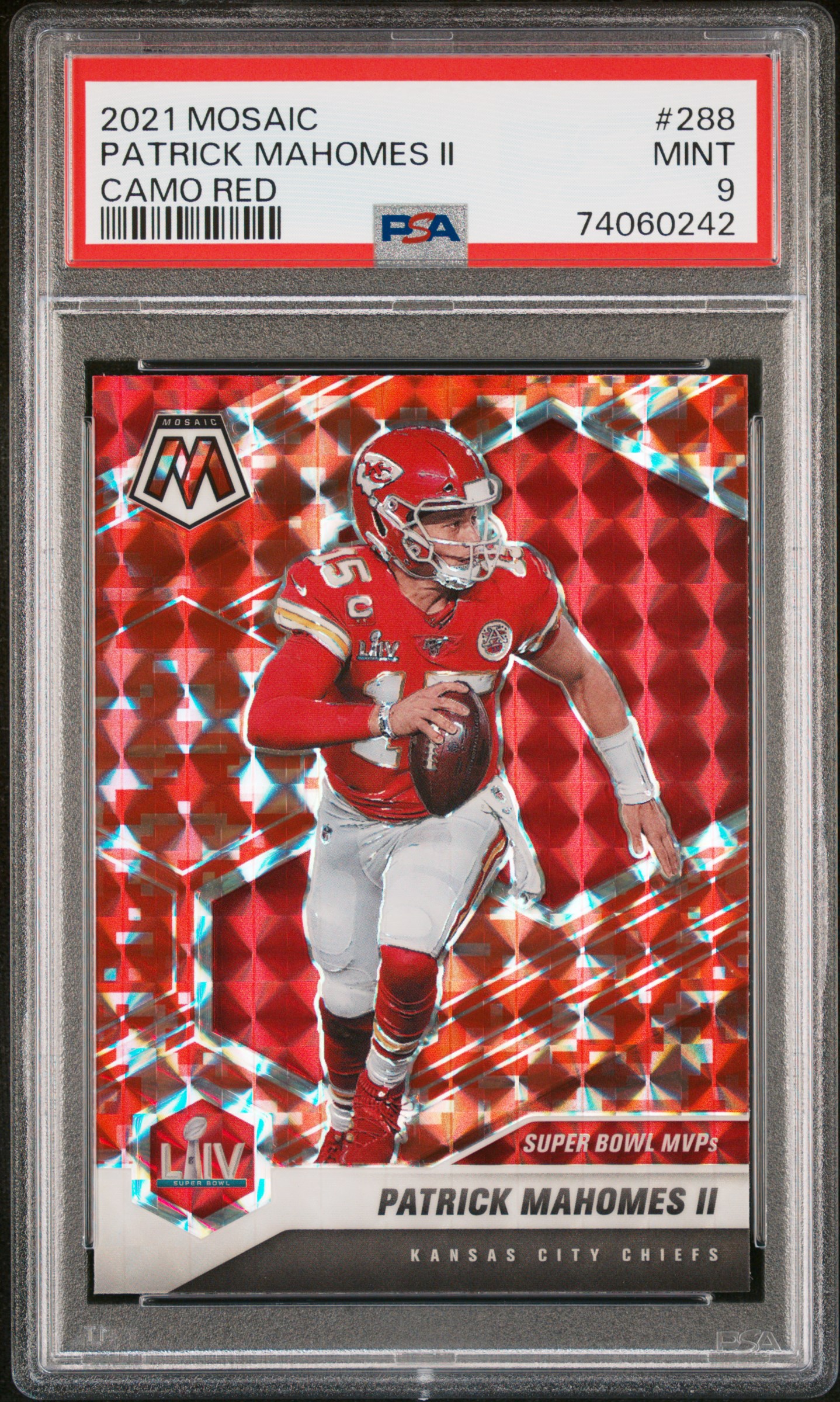 Patrick Mahomes 2021 Panini Mosaic Camo Red Prizm Card #288 Graded PSA 9