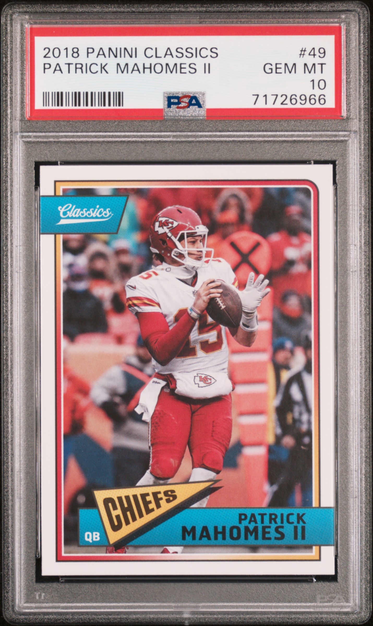 Patrick Mahomes 2018 Panini Classics Football Card #49 Graded PSA 10