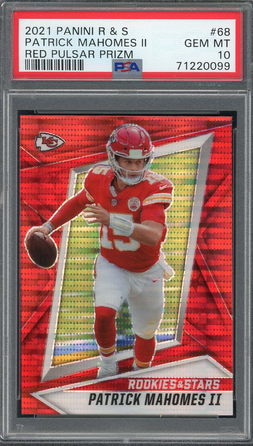 Patrick Mahomes 2021 Panini Rookies & Stars Red Pulsar Prizm Card #68 PSA 10