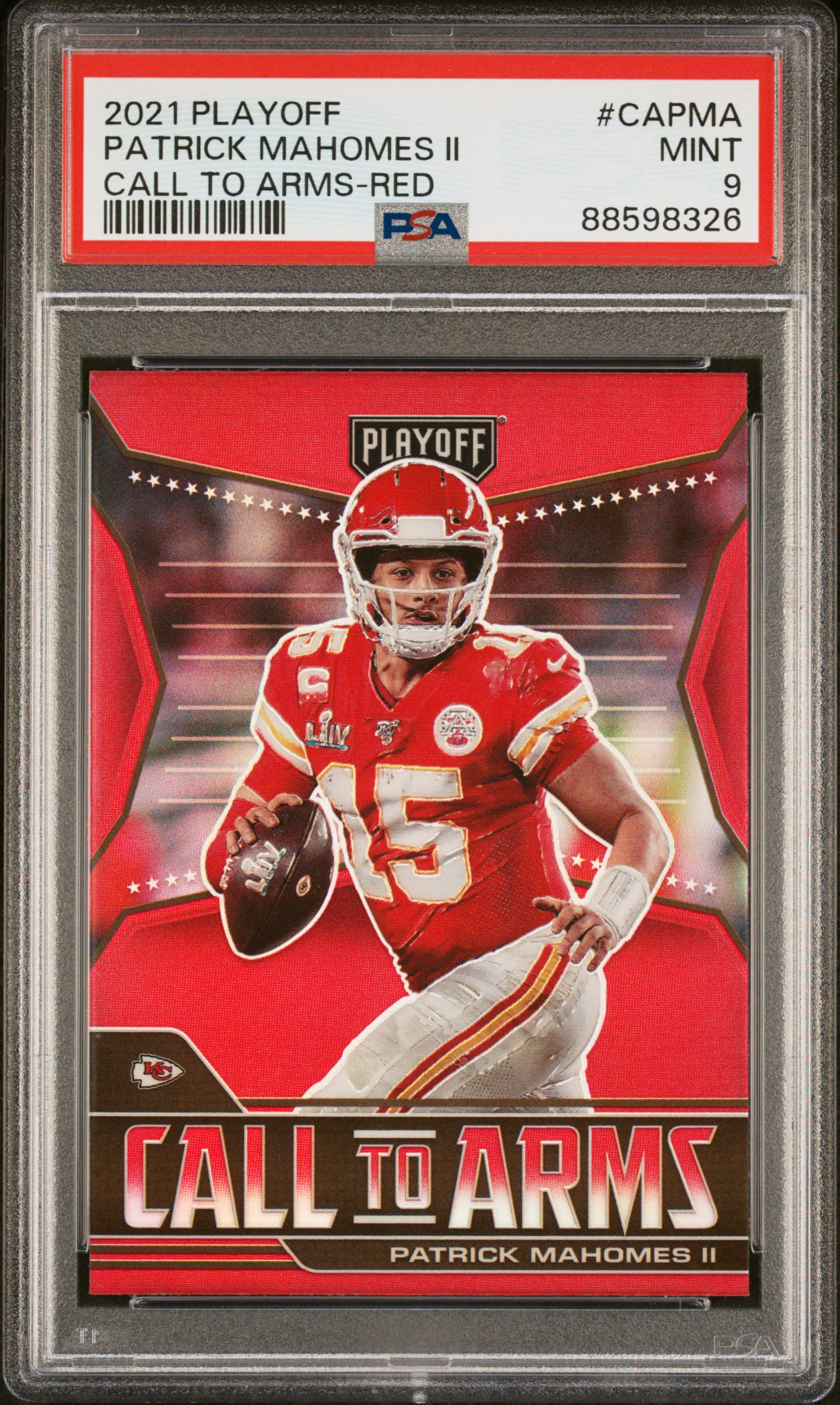 Patrick Mahomes 2021 Panini Playoff Call to Arms Red Card #CAPMA Graded PSA 9