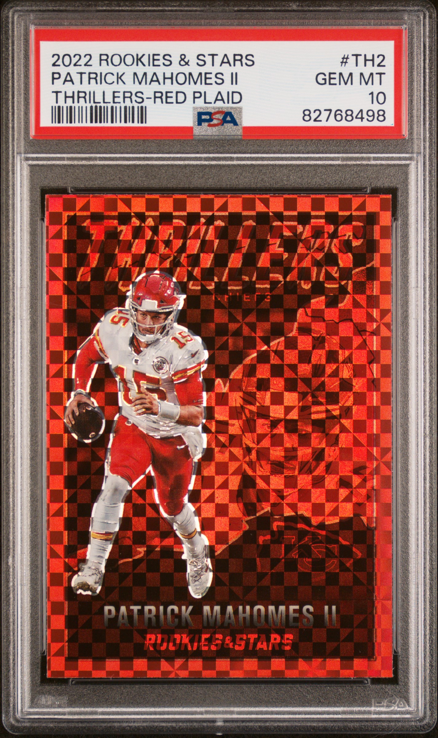 Patrick Mahomes 2022 Rookies & Stars Thrillers Red Plaid Card #TH2 Graded PSA 10