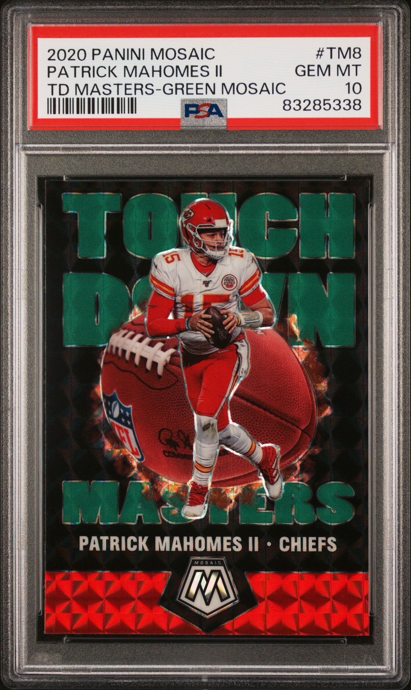 Patrick Mahomes 2020 Panini Green Mosaic TD Masters Card #TM8 Graded PSA 10