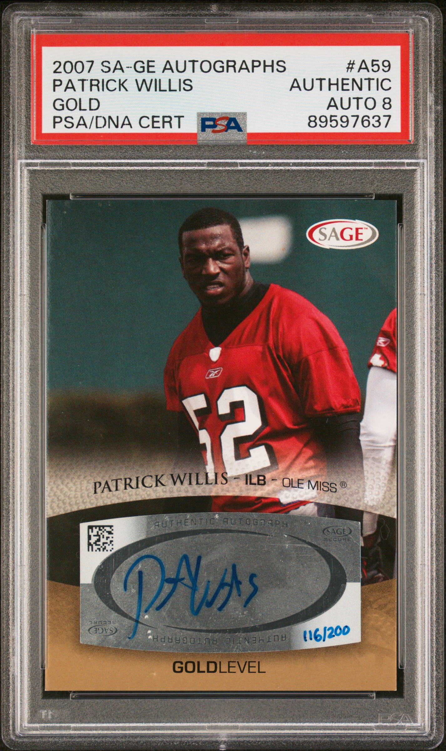 Patrick Willis 2007 SA-GE Autographs Gold Signed Rookie Card #A59 Auto PSA 8