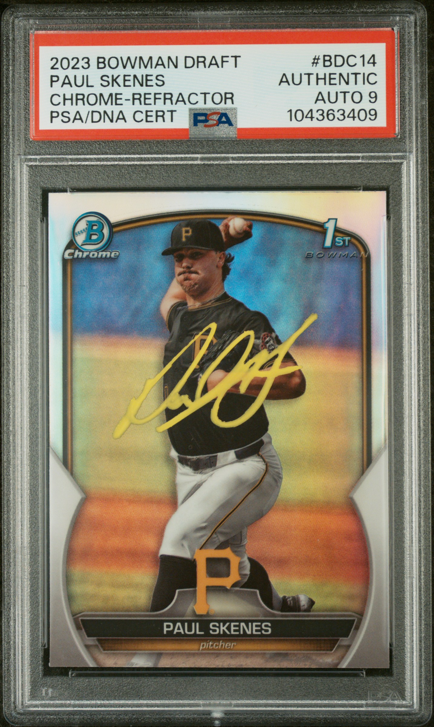 Paul Skenes 2023 Bowman Draft Chrome Refractor Rookie Card #BDC14 Auto PSA 9