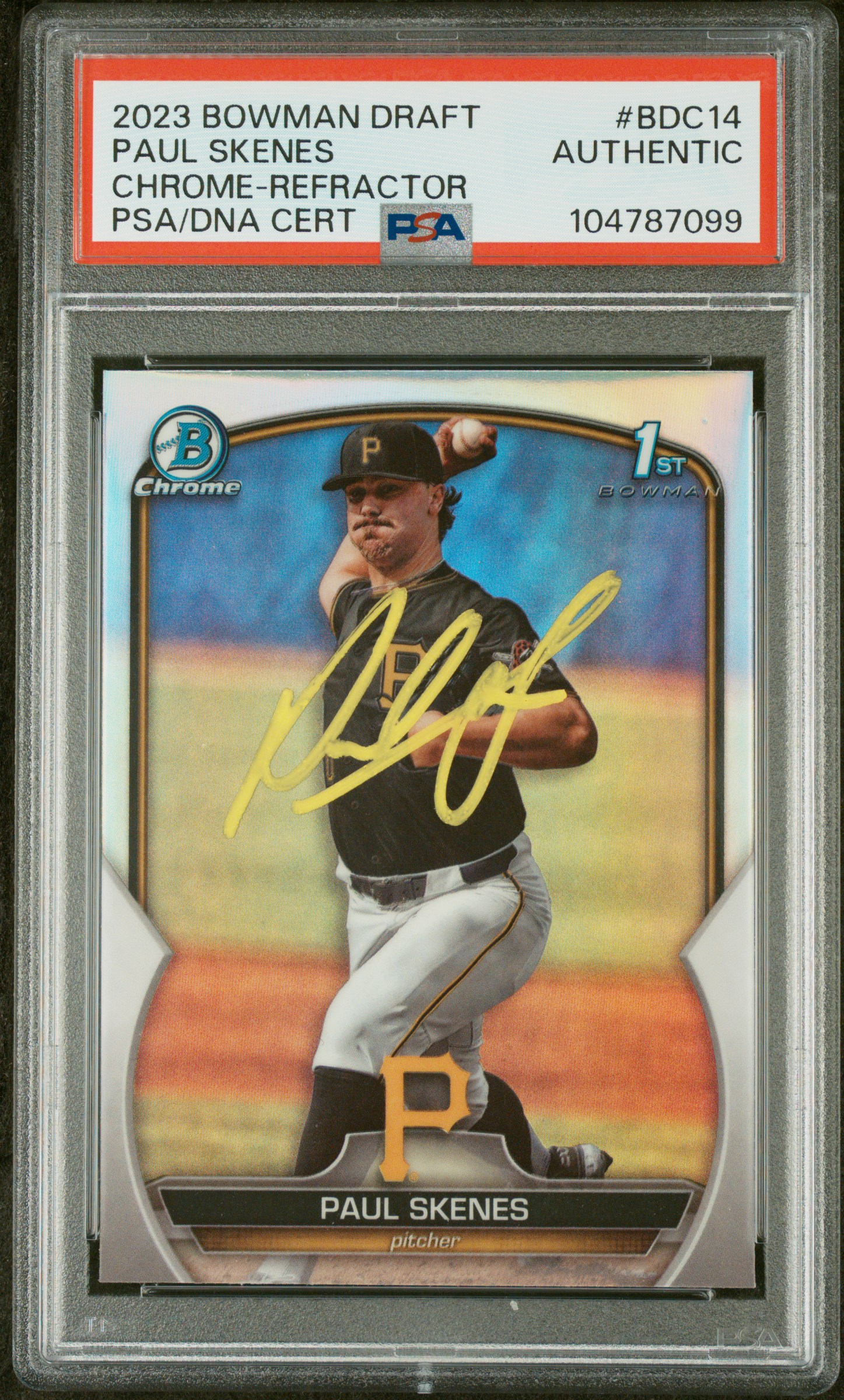 Paul Skenes 2023 Bowman Draft Chrome Refractor Rookie Card #BDC14 Auto PSA 87099