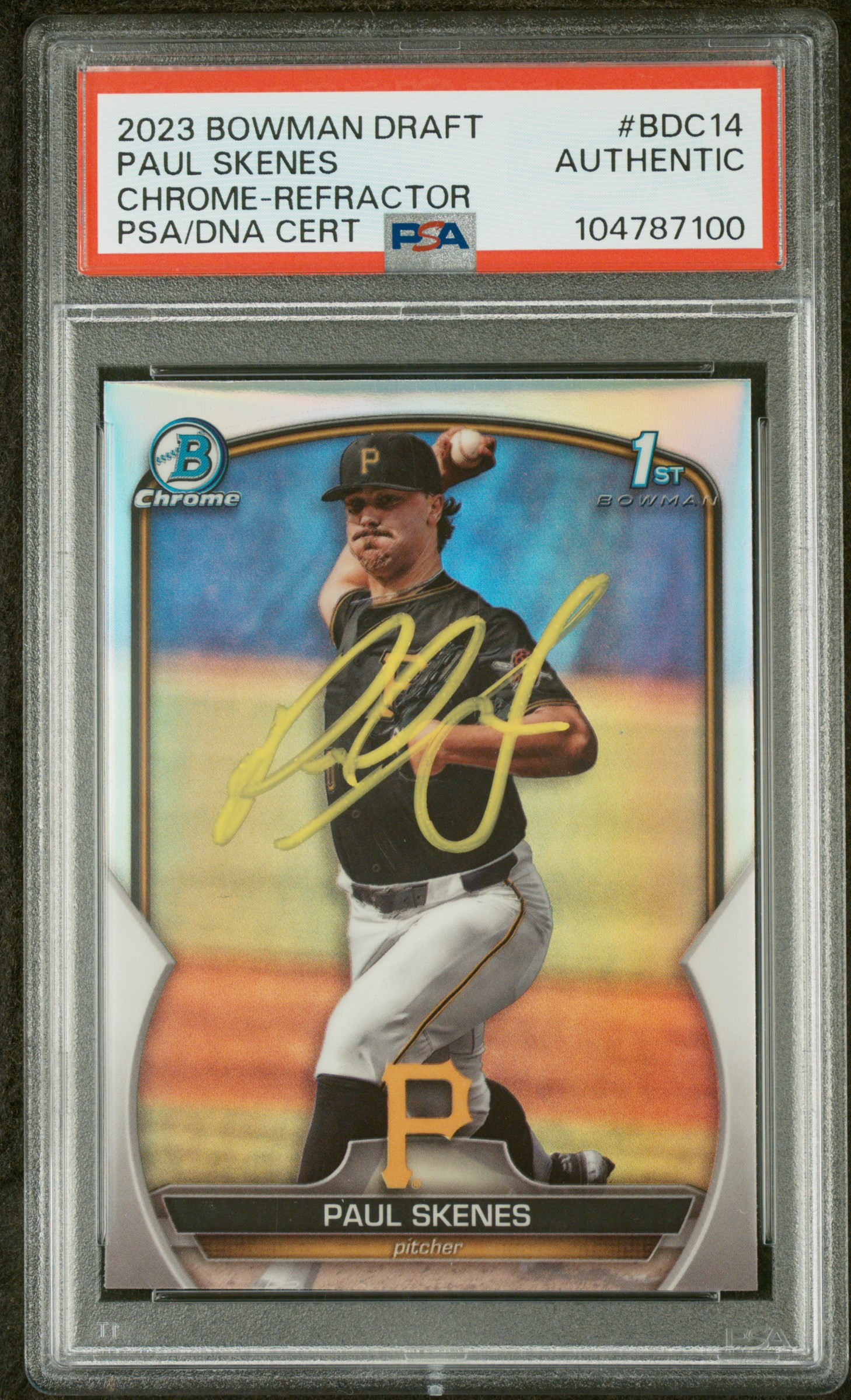 Paul Skenes 2023 Bowman Draft Chrome Refractor Rookie Card #BDC14 Auto PSA 87100
