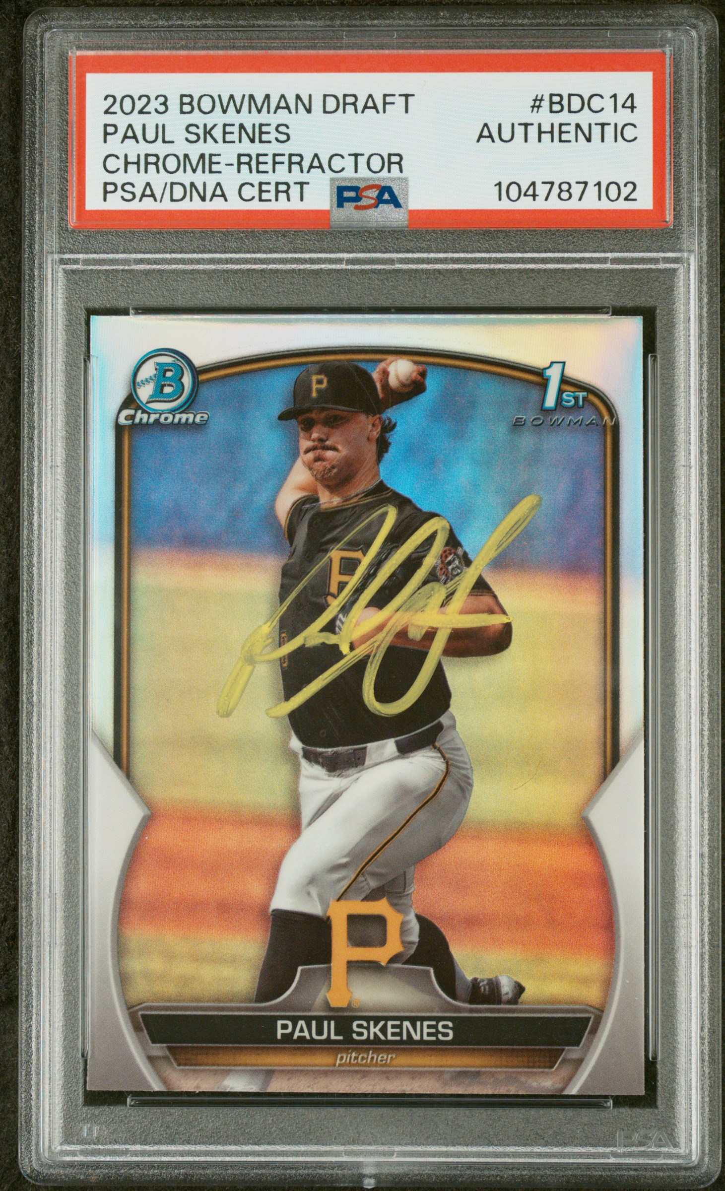 Paul Skenes 2023 Bowman Draft Chrome Refractor Rookie Card #BDC14 Auto PSA 87102