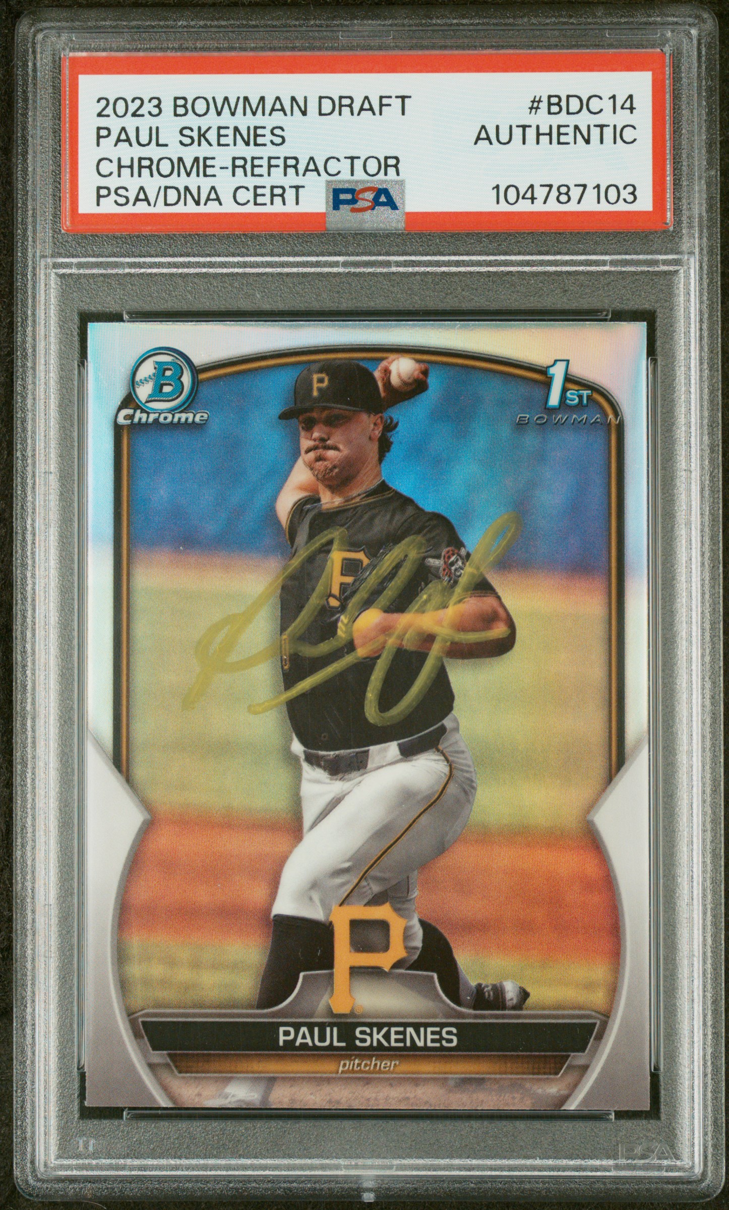 Paul Skenes 2023 Bowman Draft Chrome Refractor Rookie Card #BDC14 Auto PSA 87103