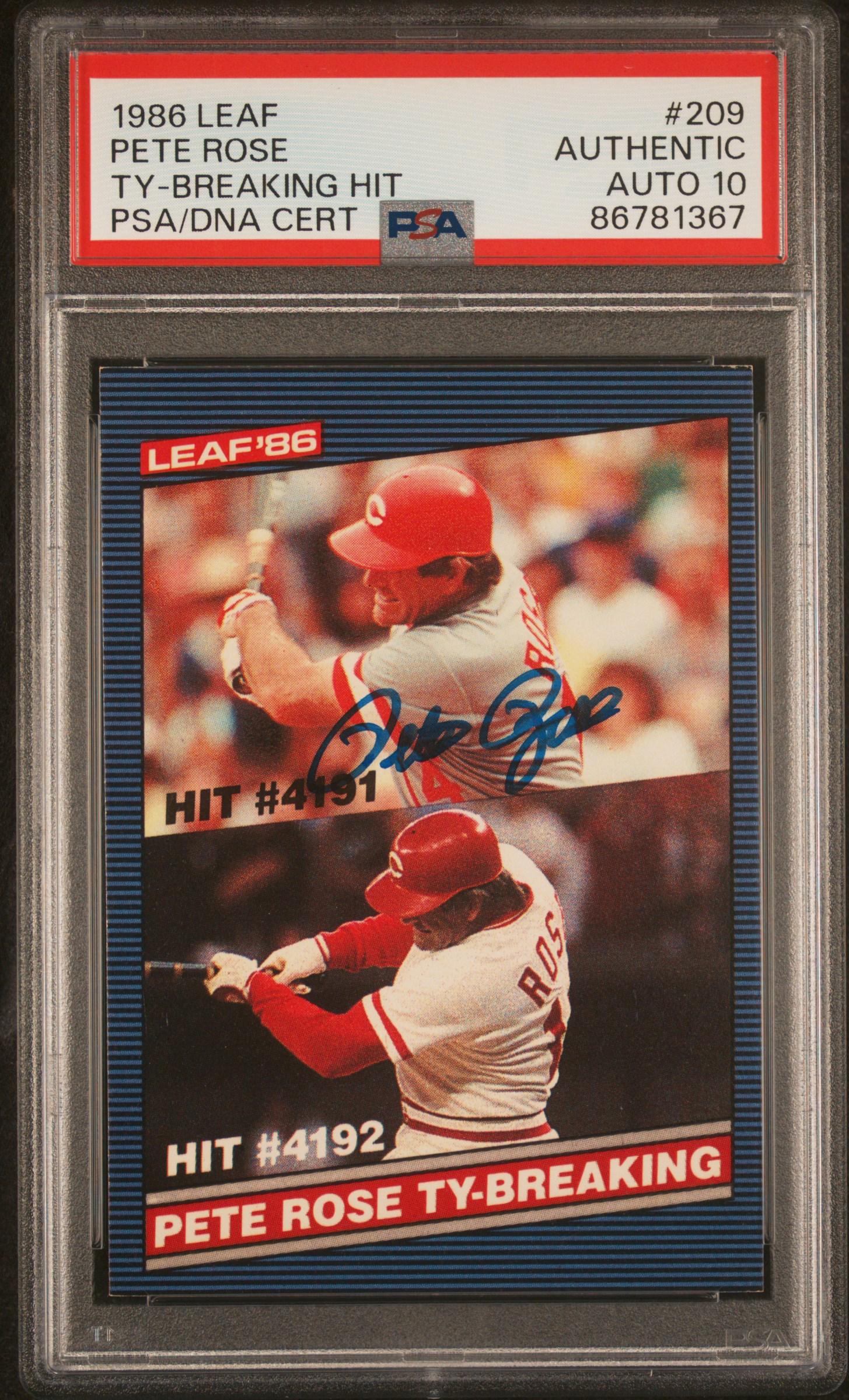 Pete Rose 1986 Leaf Ty Cobb Breaking Hit Card #209 Auto Graded PSA 10 86781367