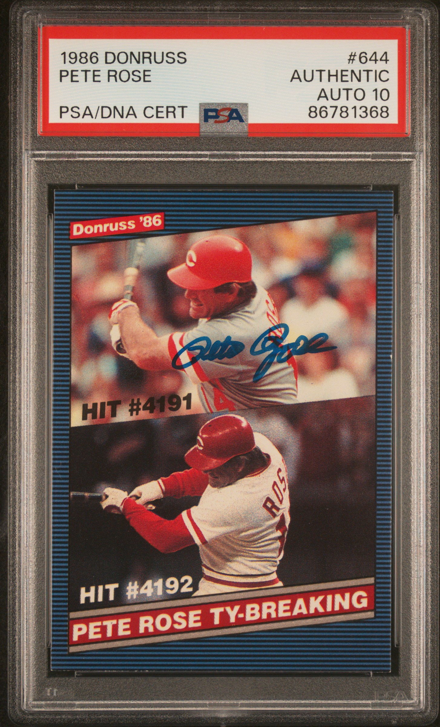 Pete Rose 1986 Donruss Ty Cobb Breaking Hit Card #644 Auto Graded PSA 10 6781368