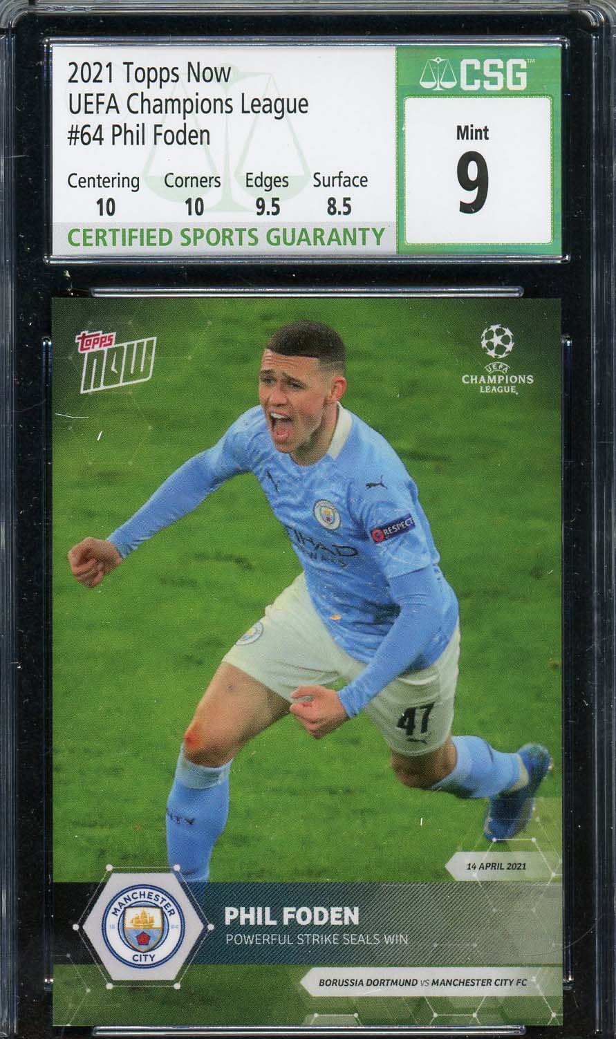 Phil Foden 2021 Topps Now UEFA Champions League Soccer Card #64 Graded CSG 9 Phil Foden 2021 Topps Now UEFA Champions League Soccer Card #64 Graded CSG 9