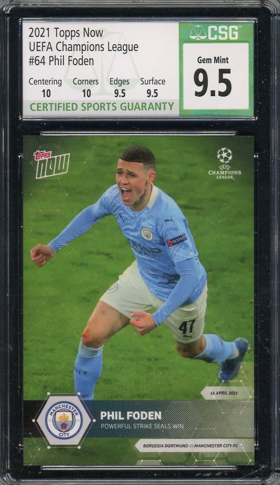 Phil Foden 2021 Topps Now UEFA Champions League Soccer Card #64 Graded CSG 9.5 Phil Foden 2021 Topps Now UEFA Champions League Soccer Card #64 Graded CSG 9.5