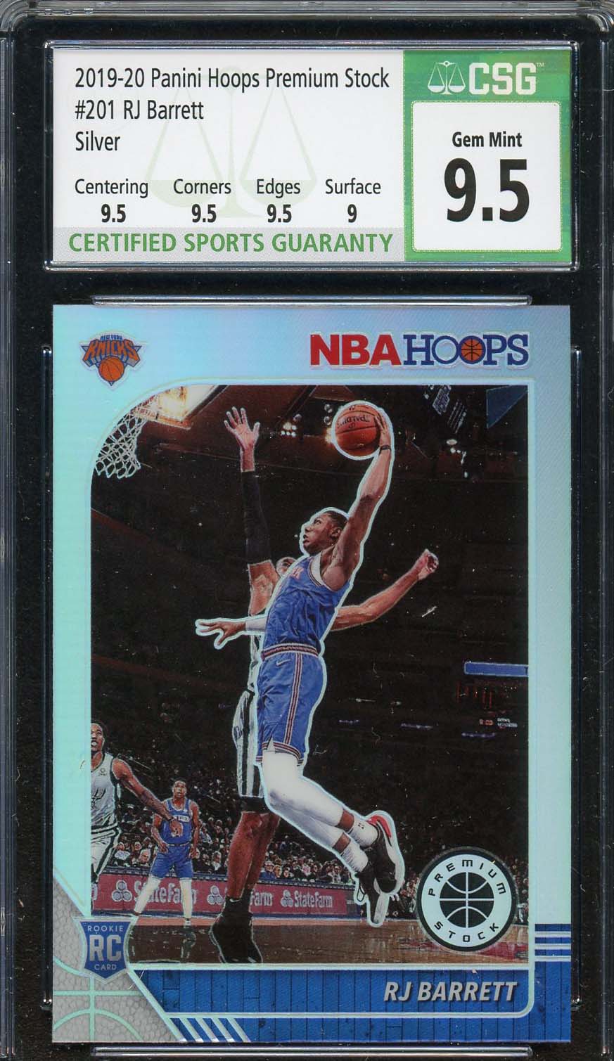RJ Barrett 2019-20 Panini Hoops Premium Stock Silver Rookie Card #201 CSG 9.5 RJ Barrett 2019-20 Panini Hoops Premium Stock Silver Rookie Card #201 CSG 9.5