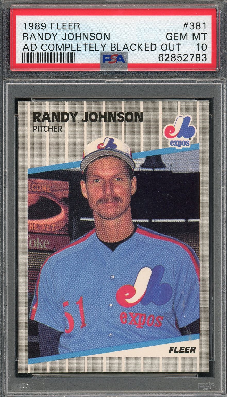 Randy Johnson 1989 Fleer Ad Blacked Out Baseball Rookie Card #381 Graded PSA 10