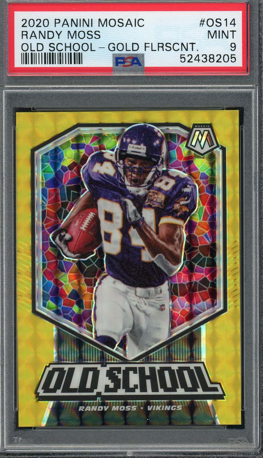 Randy Moss 2020 Panini Mosaic Old School Gold Fluorescent Card #OS14 PSA 9