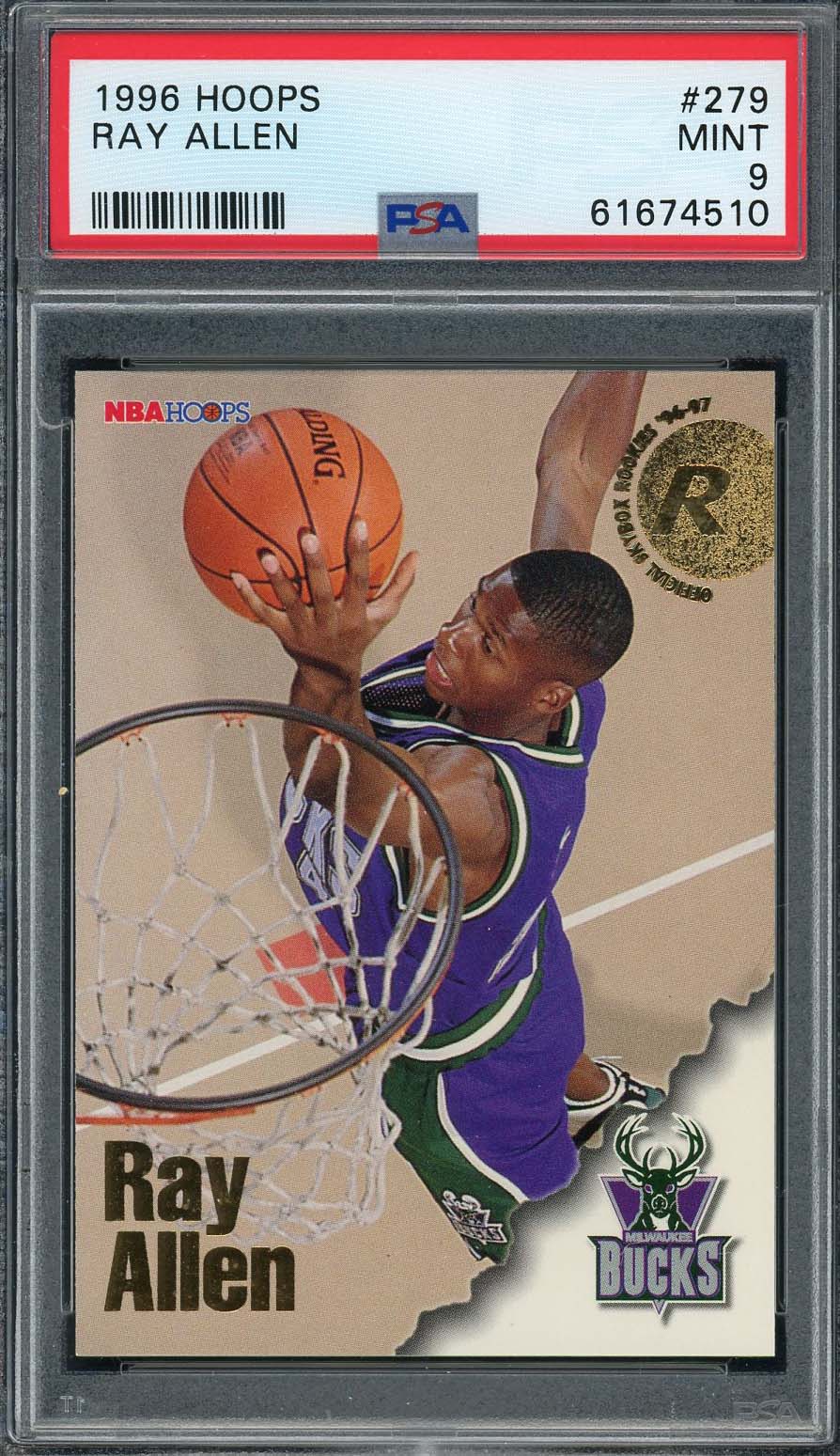 Ray Allen 1996 Hoops Basketball Rookie Card RC #279 Graded PSA 9 Ray Allen 1996 Hoops Basketball Rookie Card RC #279 Graded PSA 9