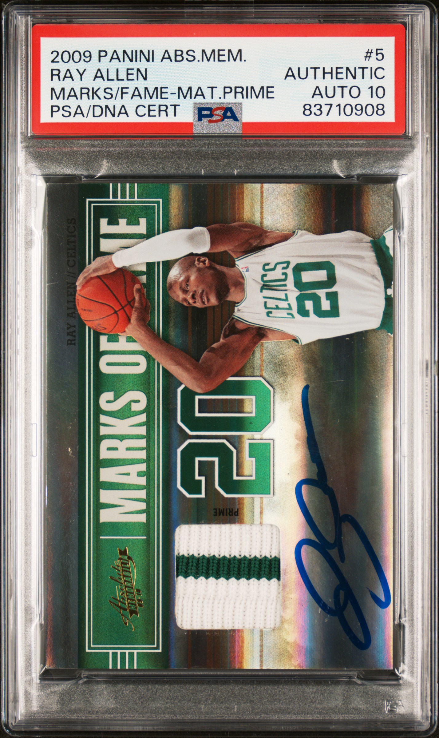Ray Allen 2009 Panini Absolute Game Patch Signed Card #5 Auto Graded PSA 10 4/10