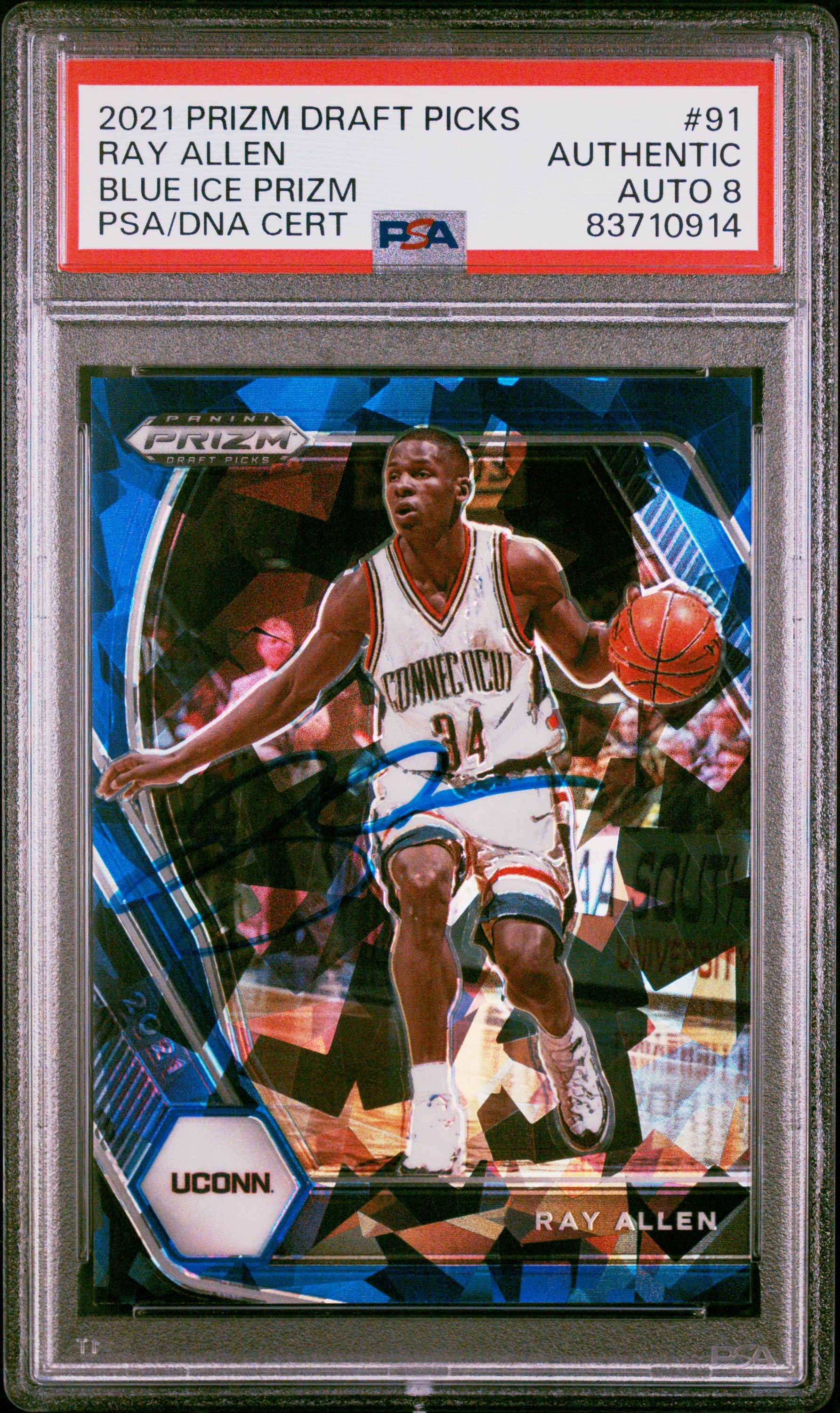 Ray Allen 2021 Panini Prizm DP Blue Ice Signed Card #91 Auto Graded PSA 8 60/99