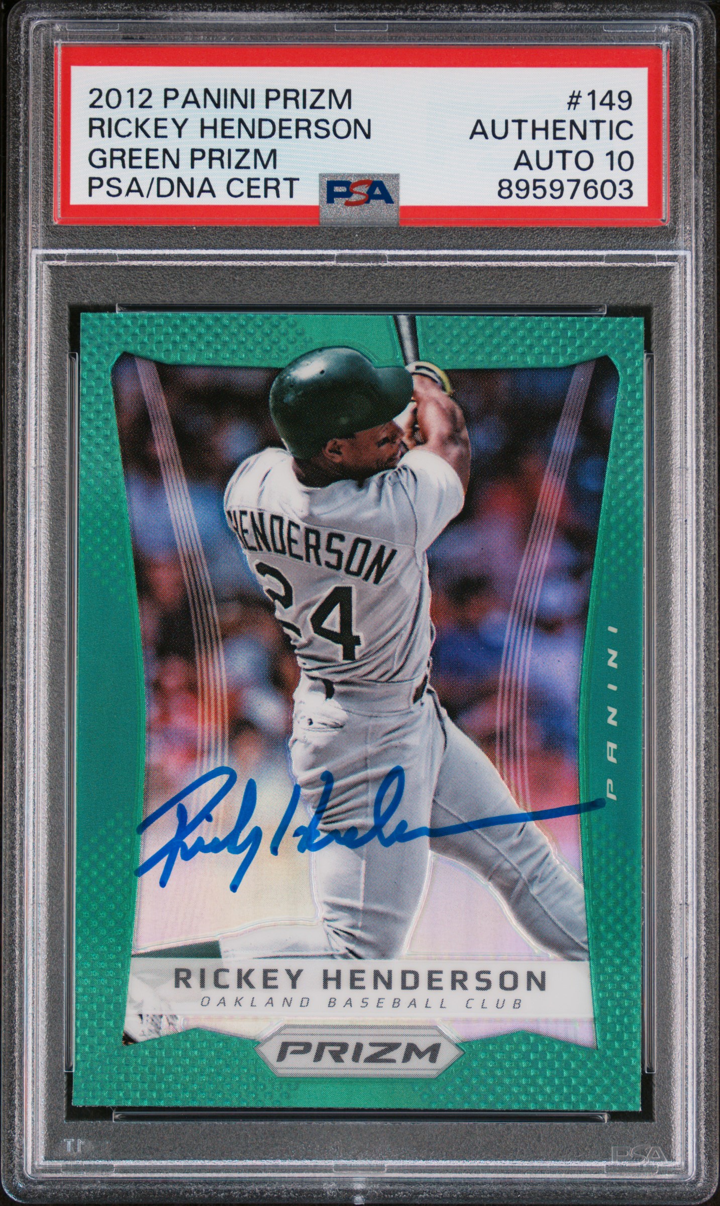 Rickey Henderson 2012 Panini Green Prizm Card #149 Auto Graded PSA 10 89597603