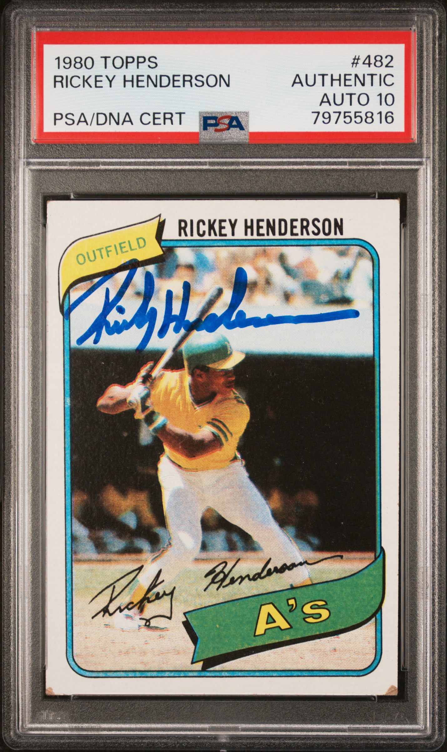 Rickey Henderson 1980 Topps Signed Rookie Card #482 Auto Graded PSA 10 79755816