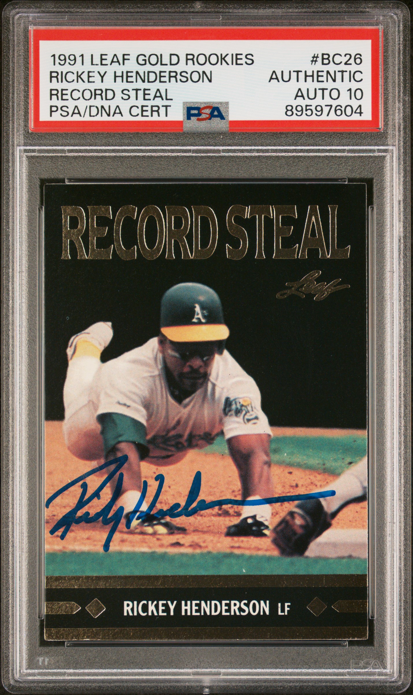 Rickey Henderson 1991 Leaf Gold Rookies Record Steal Card #BC26 Auto PSA 10 7604