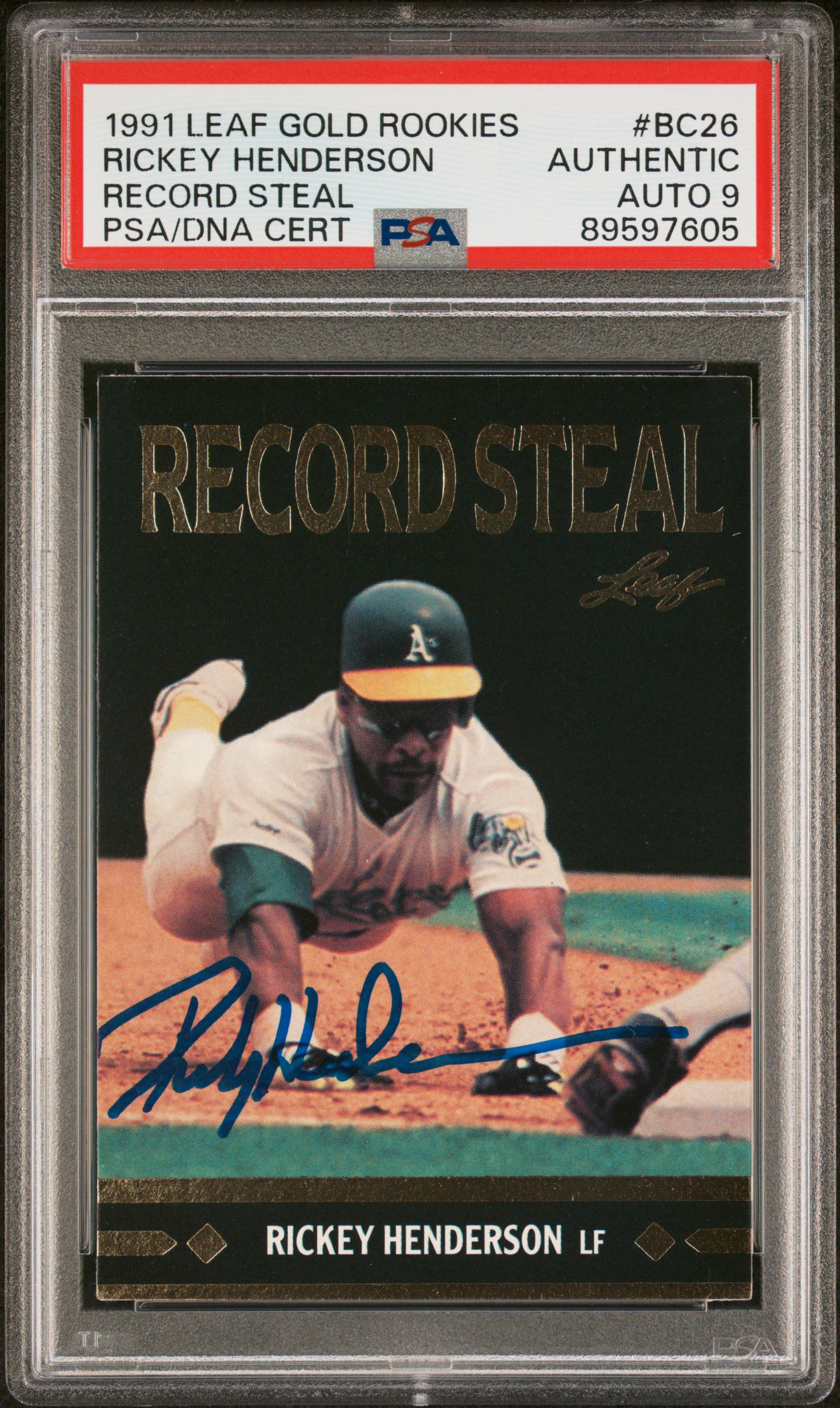 Rickey Henderson 1991 Leaf Gold Rookies Record Steal Card #BC26 Auto PSA 10 7605