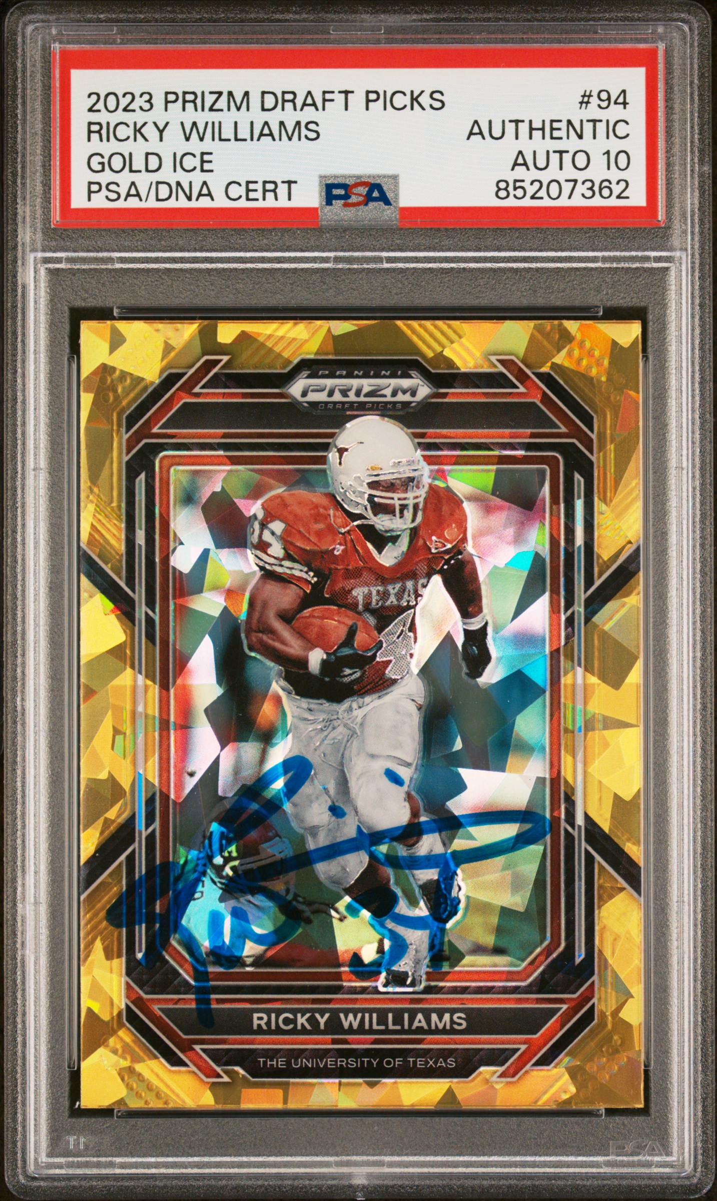 Ricky Williams 2023 Panini Prizm DP Gold Ice Signed Card #94 Auto Graded PSA 10